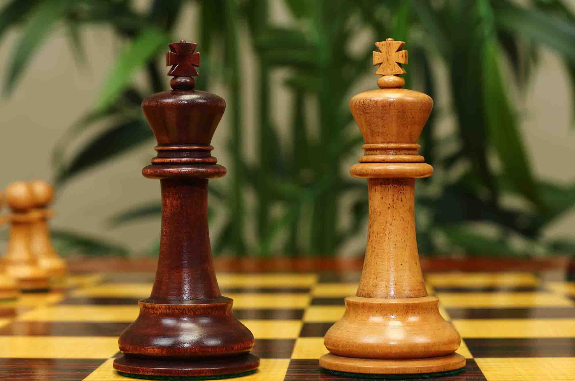 17th Olympiad Havana 1966 Circa Reproduction 3.78" Staunton Chessmen Distressed/Mahogany Stained Boxwood