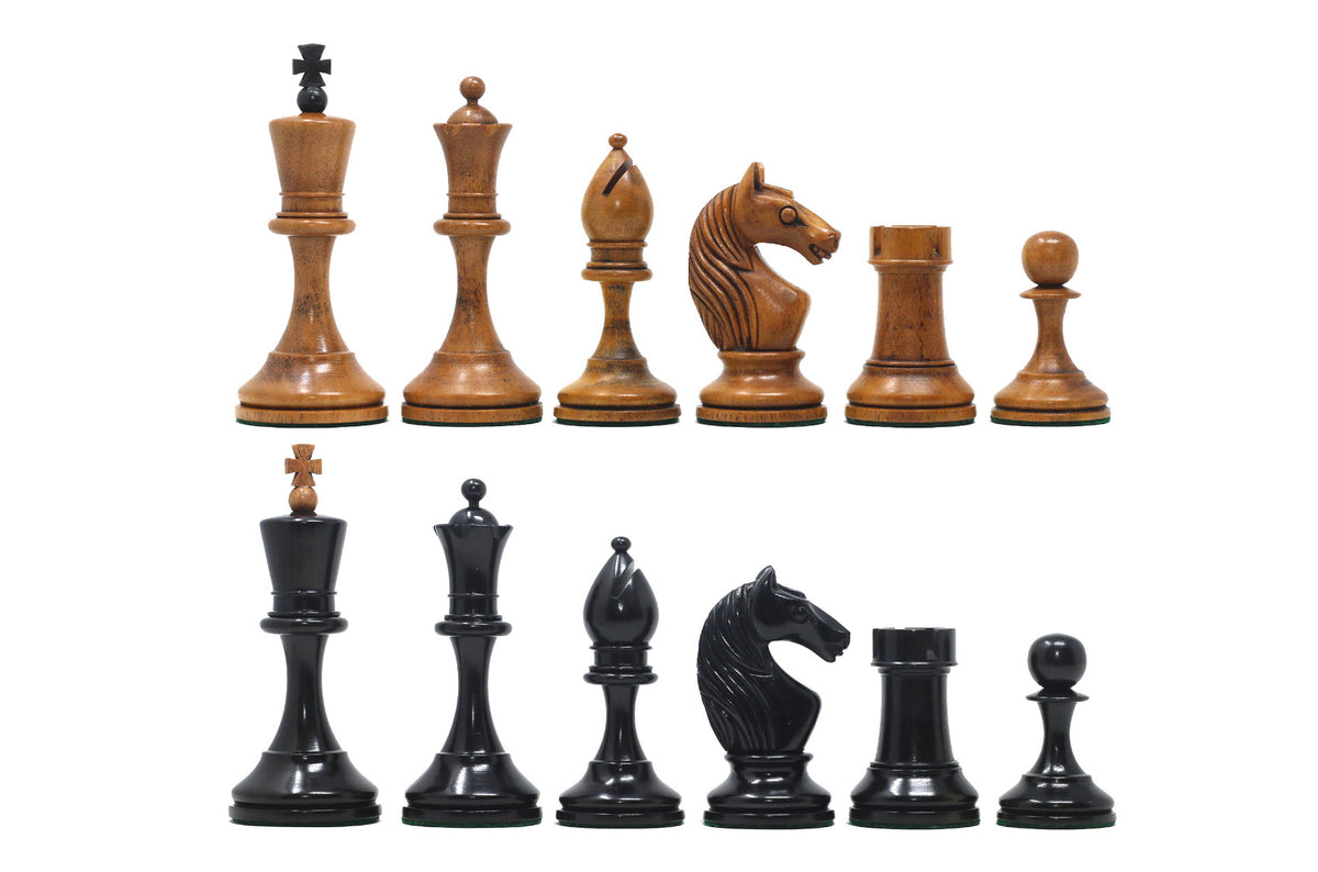 Soviet USSR Moscow 1925 Historical Reproduced 4" Chess set in Ebony & Distressed Antiqued Boxwood
