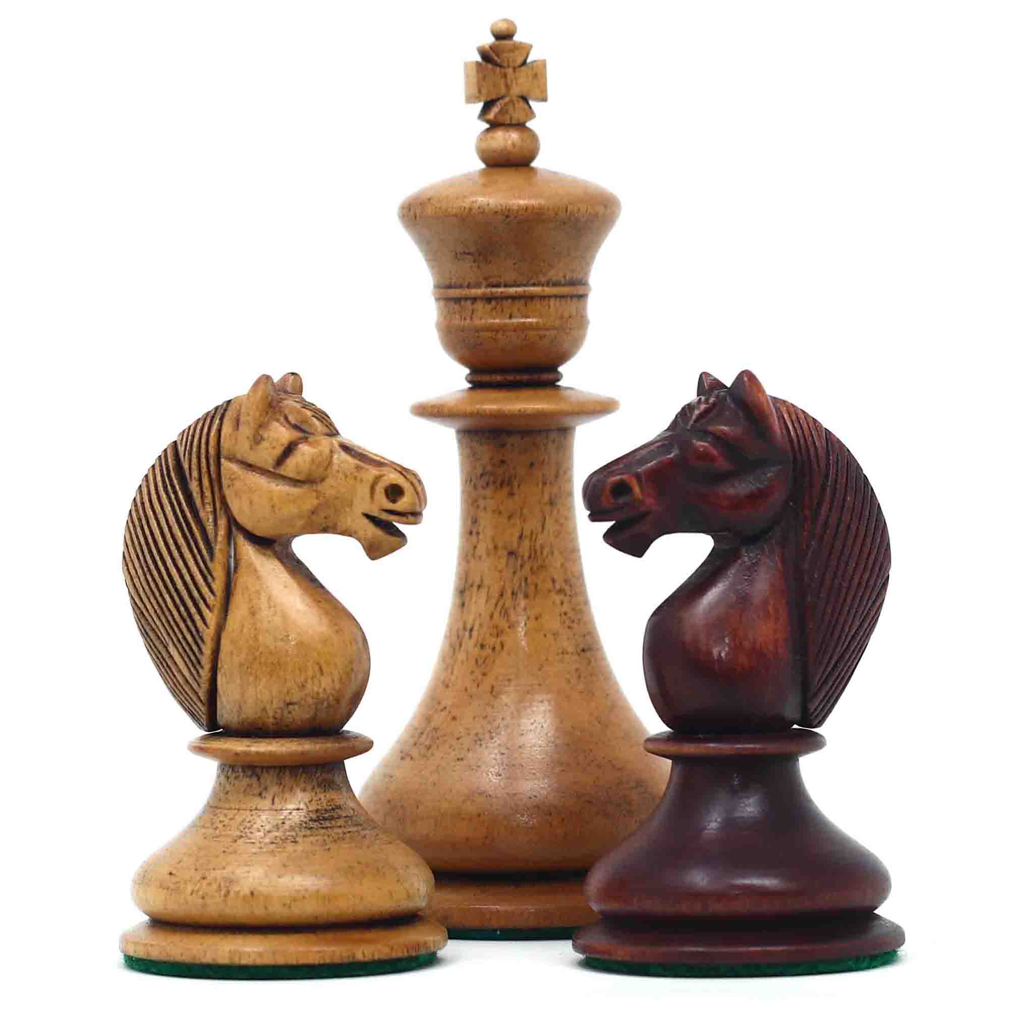 1830 Dublin Style Reproduced Historical Chess Set - 3.75" King Height in Distressed & Mahogany Stained Boxwood