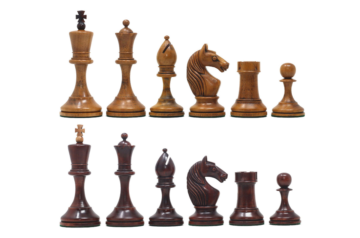 Soviet USSR Moscow 1925 Historical Reproduced 4" Chess set in Mahogany Gilded & Distressed Antiqued Boxwood