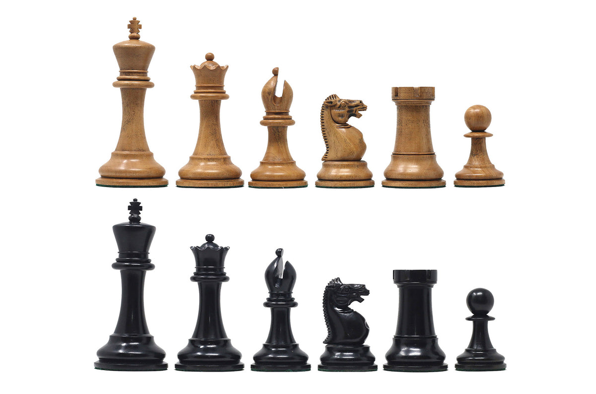 The Jaques Tournament Anderssen “Drop-Jaw” Replica Chessmen Distressed Boxwood & Ebony – 4.4" King