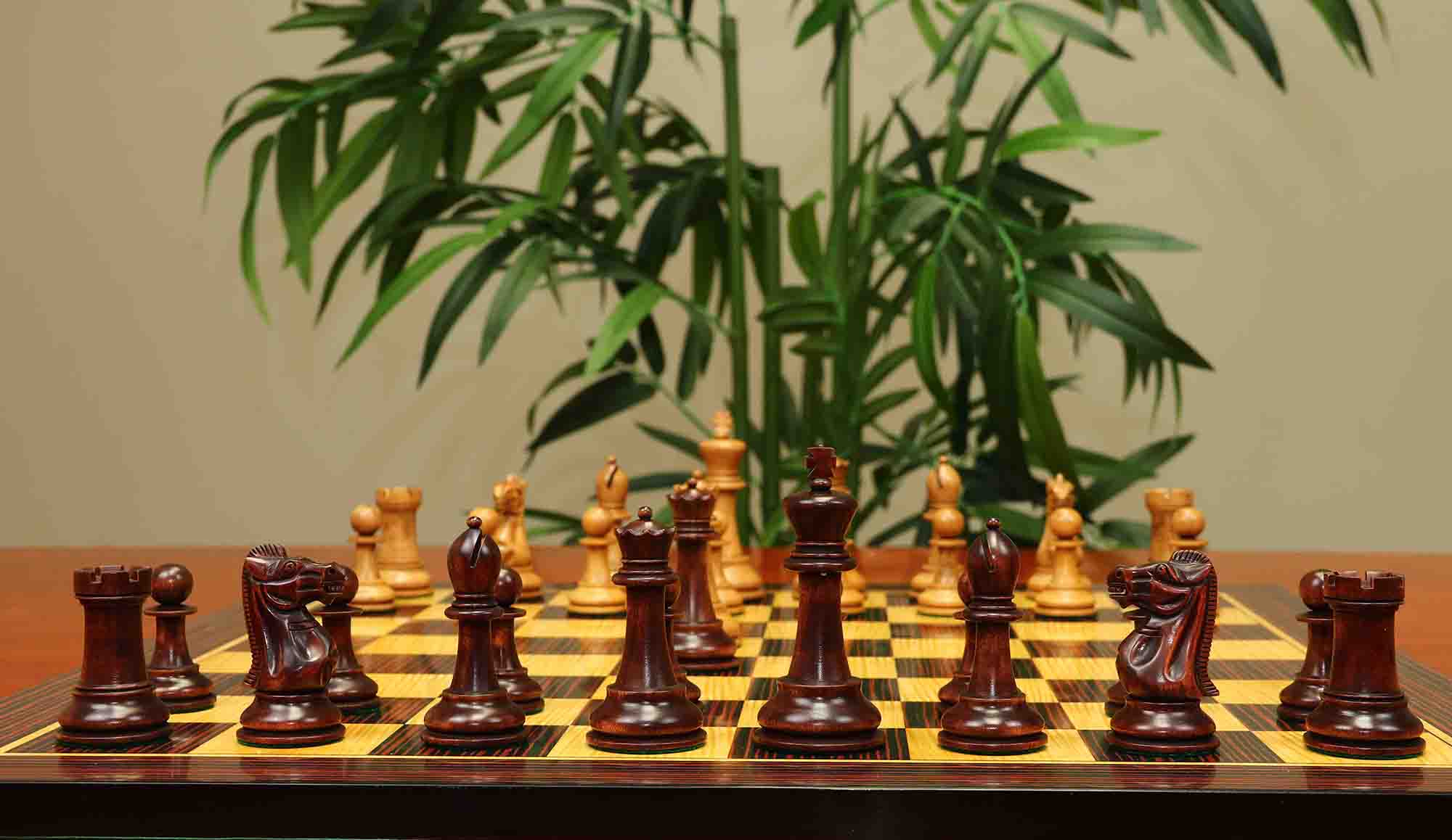 17th Olympiad Havana 1966 Circa Reproduction 3.78" Staunton Chessmen Distressed/Mahogany Stained Boxwood