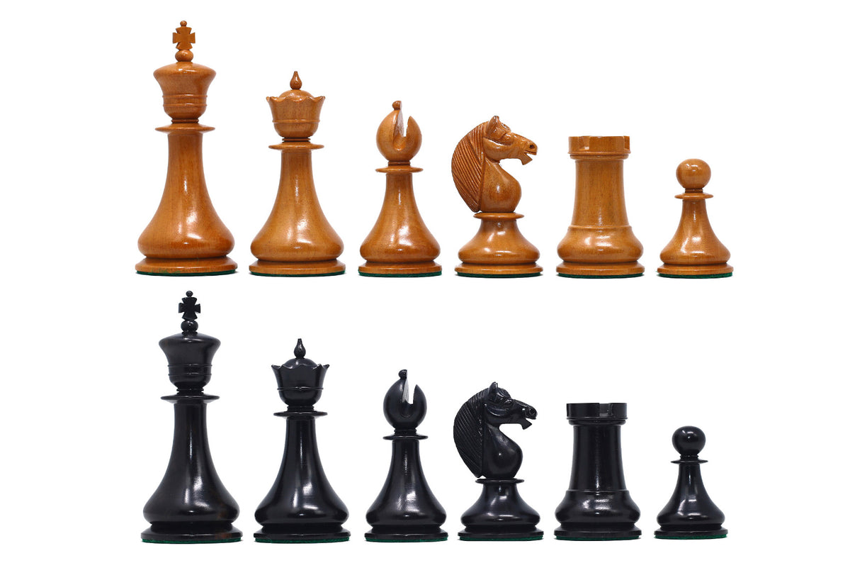 1830 Dublin Style Reproduced Historical Chess Set - 3.75" King Height in Antiqued Boxwood & Ebony Wood