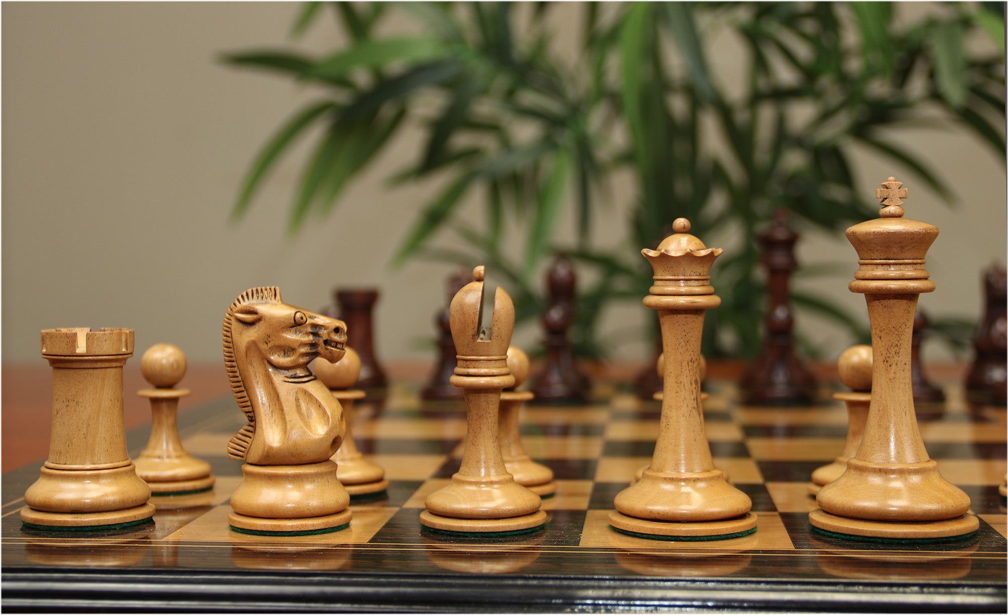 B & Company Reproduced Staunton 4.4" Chess Set in Distressed Boxwood and Mahogany