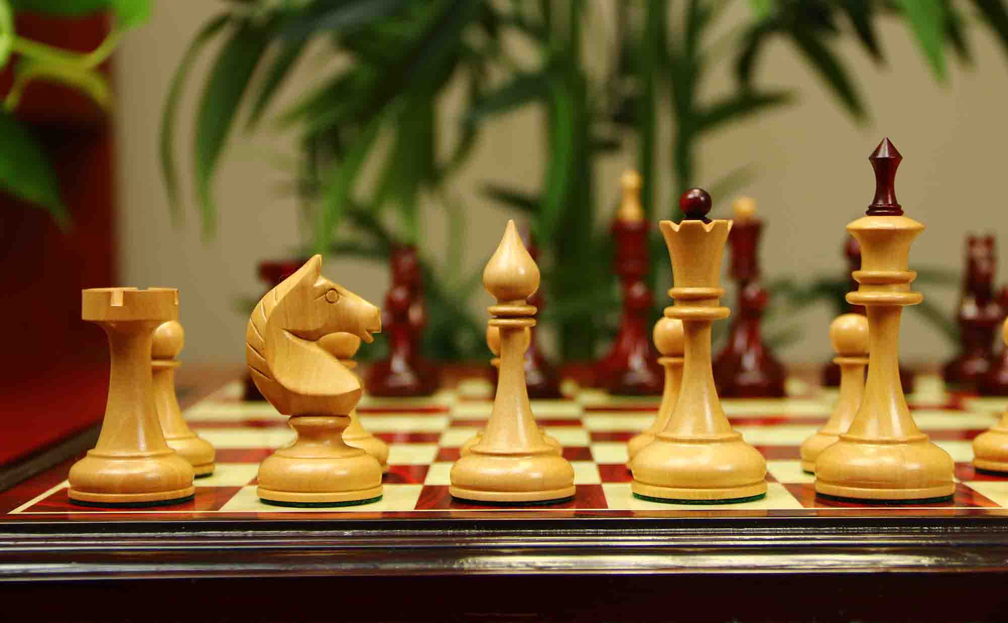 Soviet USSR 1970 Reproduced 4" Chess set in African Padouk and Natural Boxwood