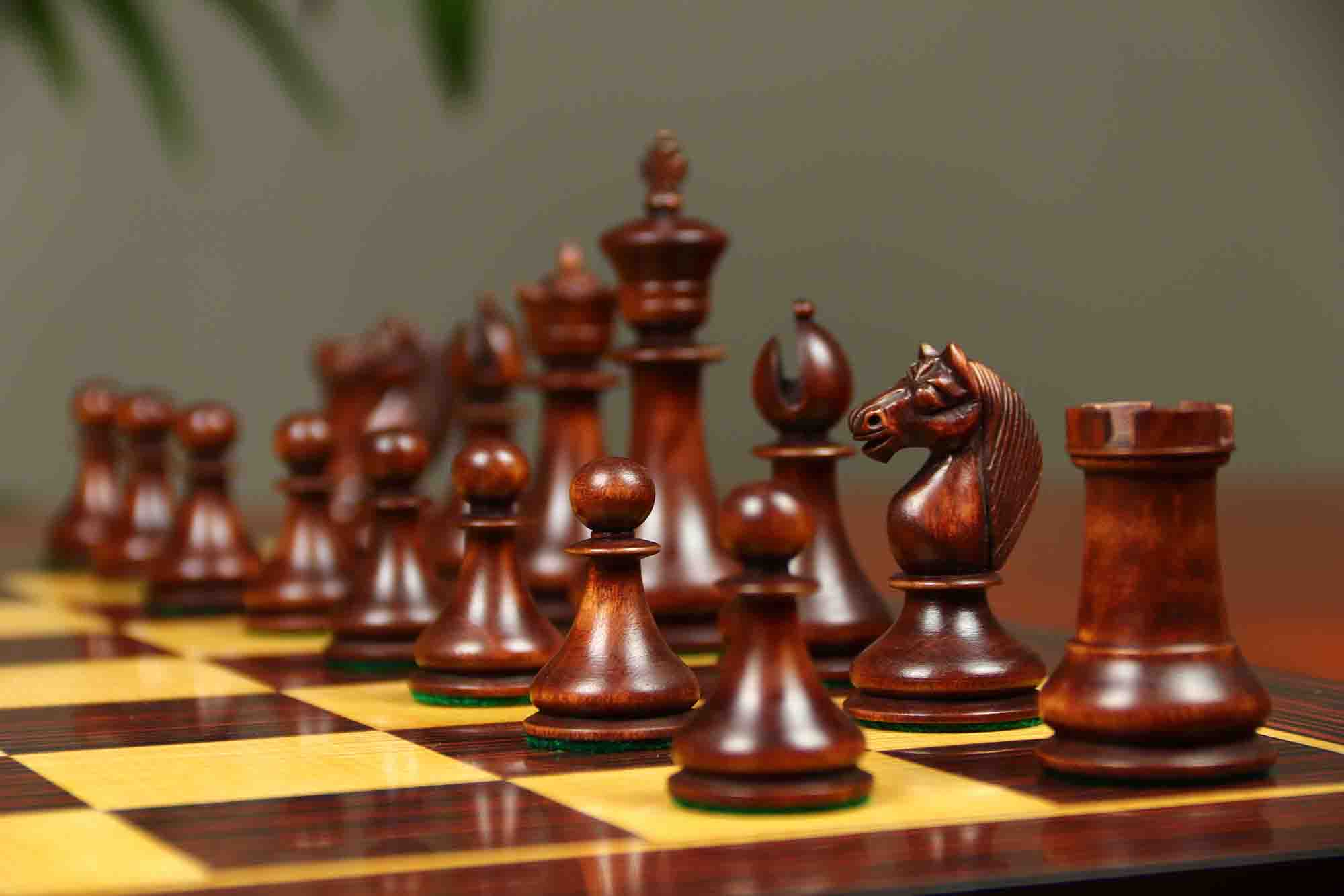 1830 Dublin Style Reproduced Historical Chess Set - 3.75" King Height in Natural & Mahogany Stained Boxwood