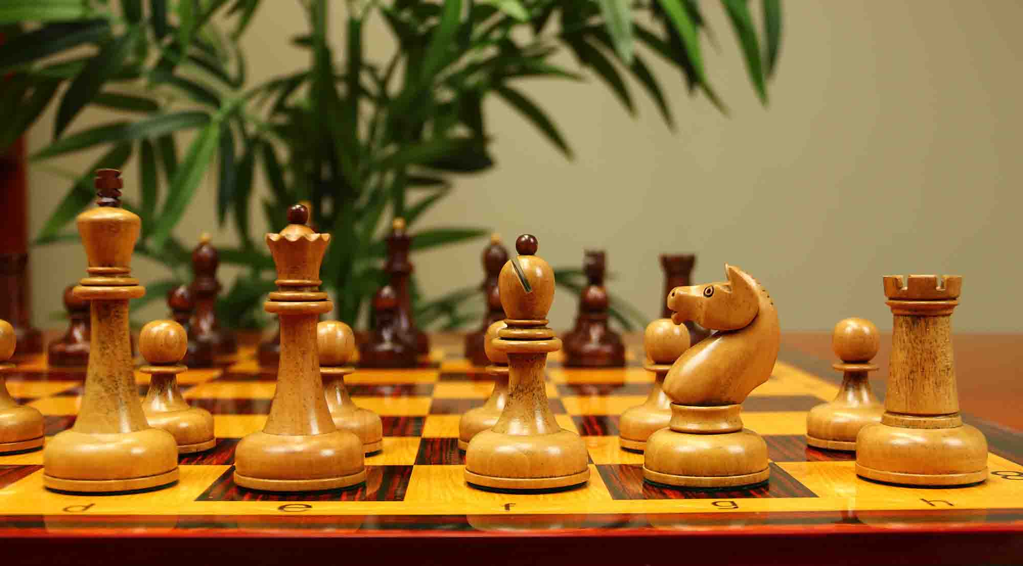 1962 Soviet Championship Historical Reproduced Tal Chess set 4" - Distressed and Mahogany Stained Boxwood