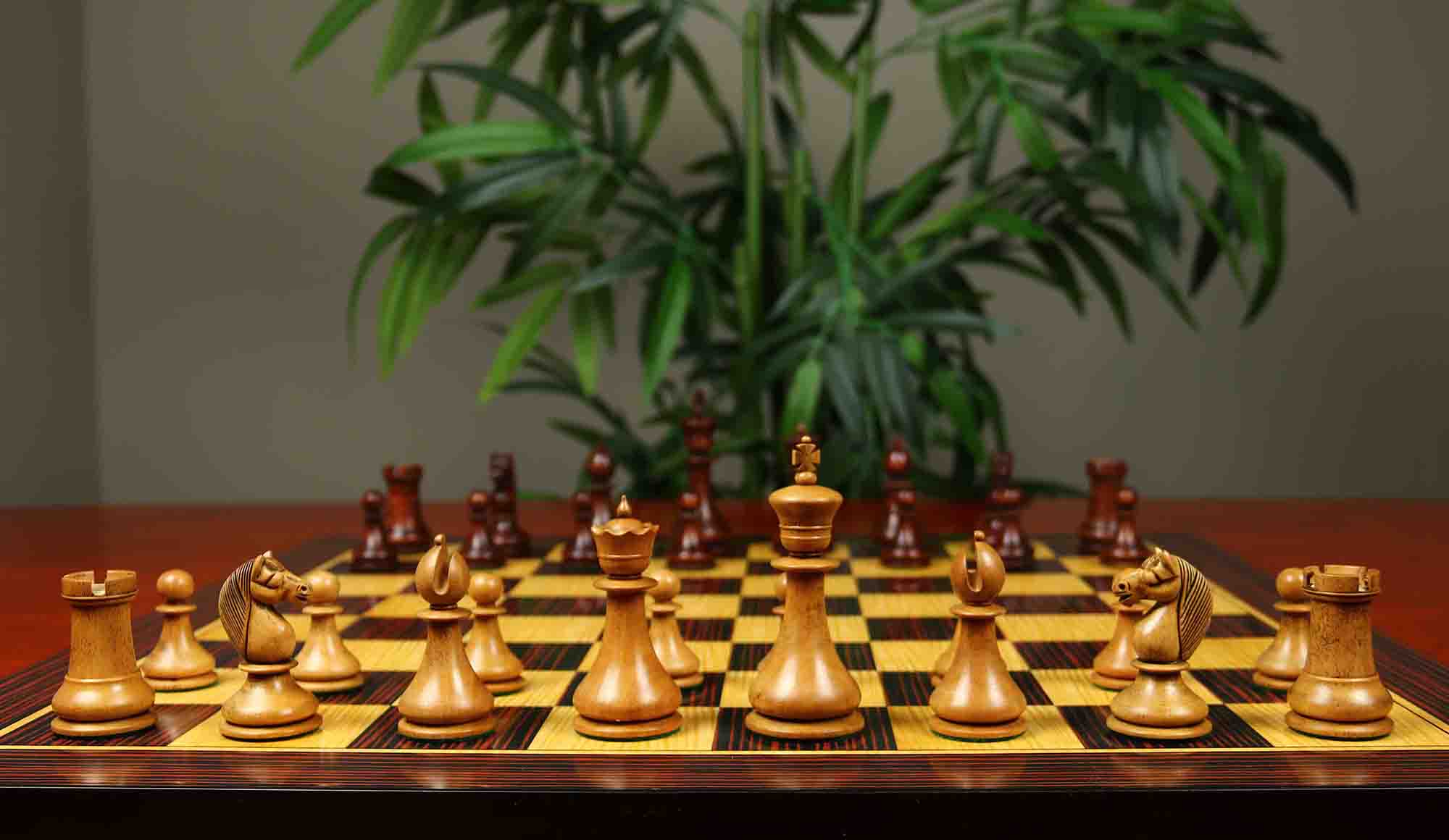 1830 Dublin Style Reproduced Historical Chess Set - 3.75" King Height in Distressed & Mahogany Stained Boxwood