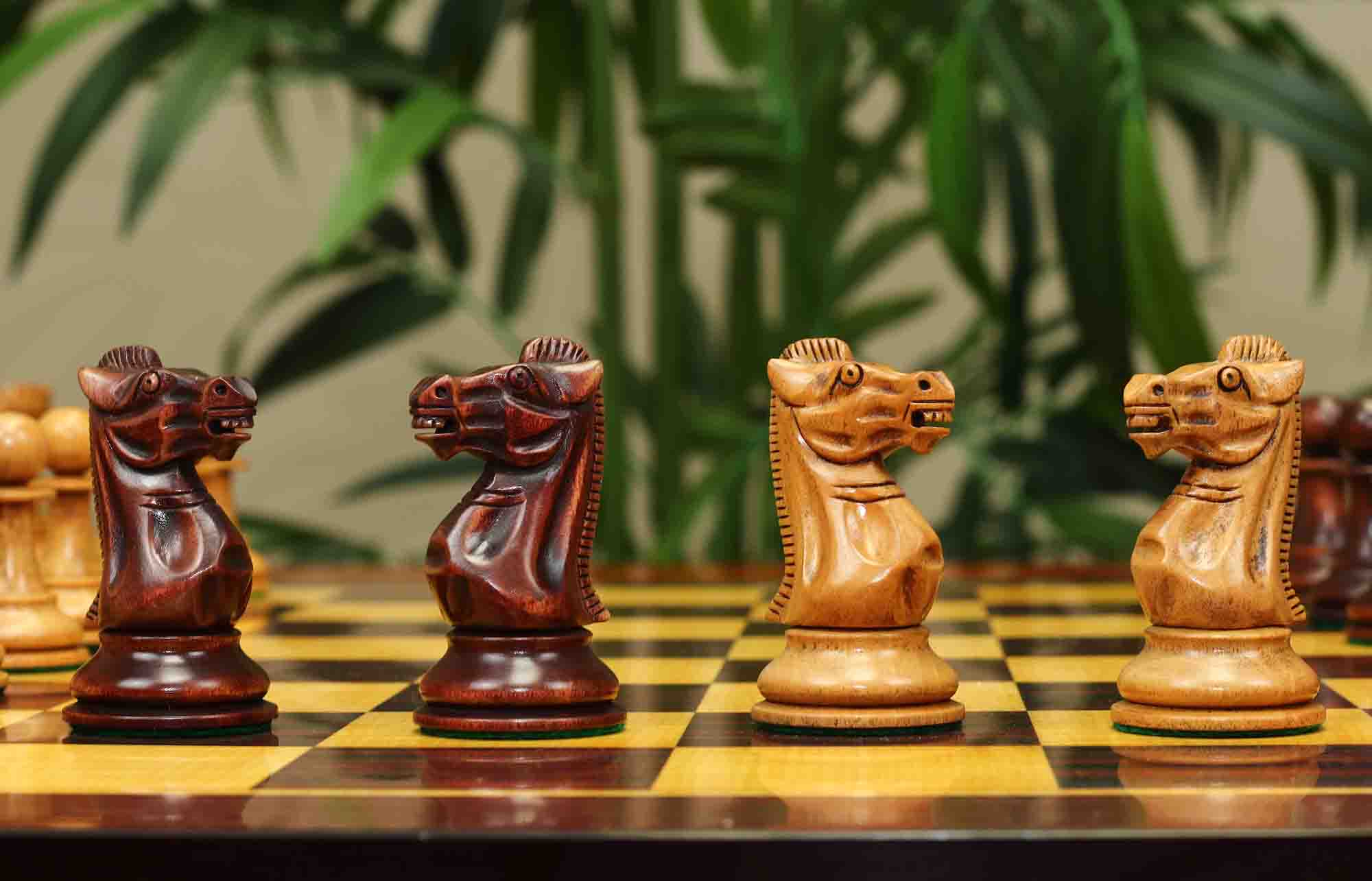 17th Olympiad Havana 1966 Circa Reproduction 3.78" Staunton Chessmen Distressed/Mahogany Stained Boxwood