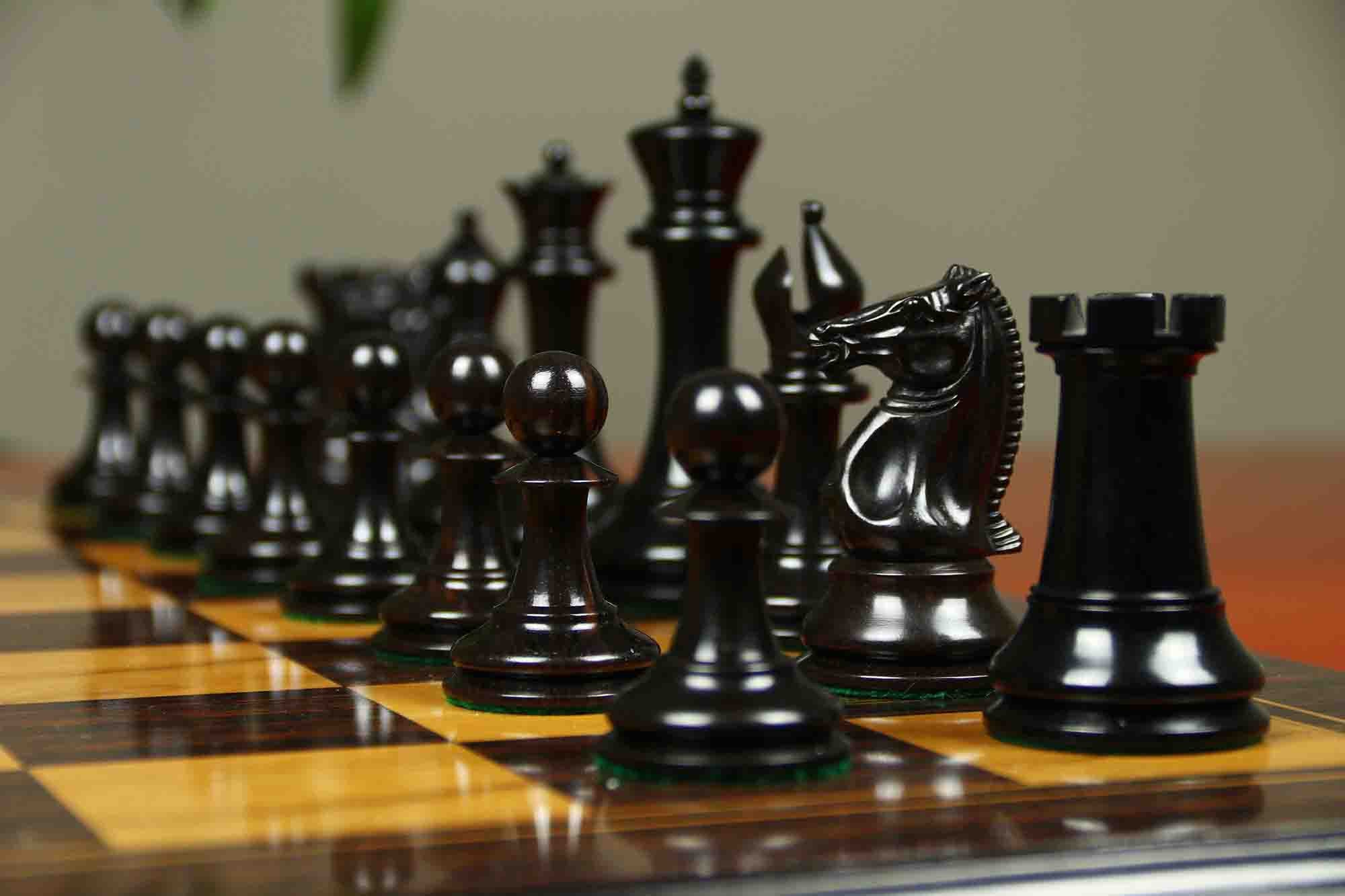 1851-52 Early 2880 Jaques of London Reproduced Vintage 4.4" Chess set Distressed Boxwood/Ebony Wood wood