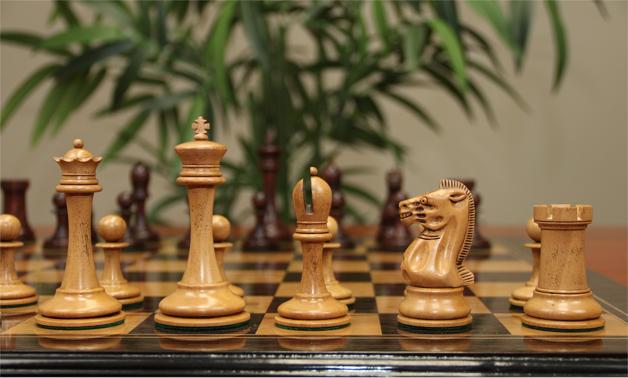 B & Company Reproduced Staunton 4.4" Chess Set in Distressed Boxwood and Mahogany