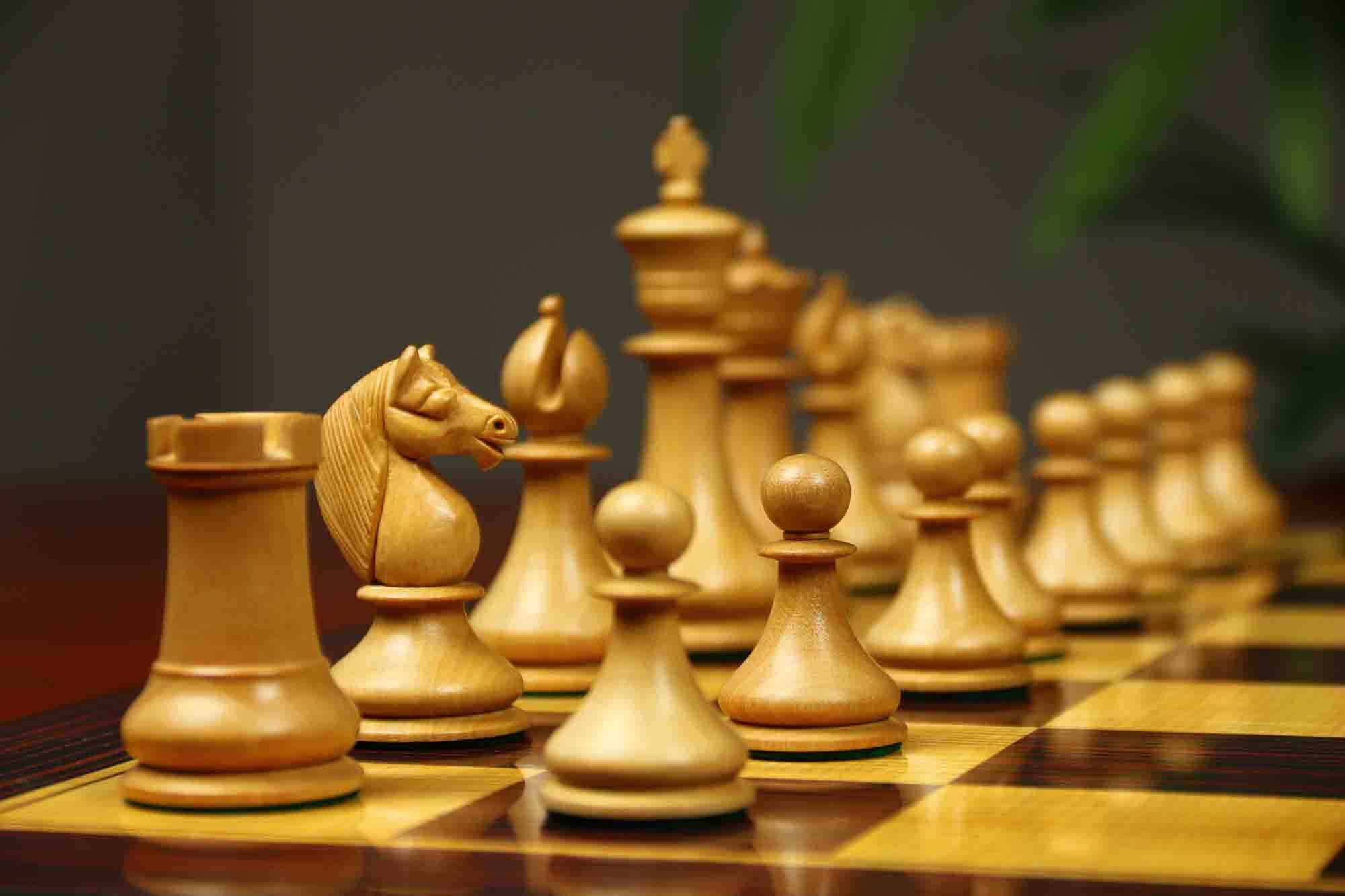 1830 Dublin Style Reproduced Historical Chess Set - 3.75" King Height in Natural & Mahogany Stained Boxwood