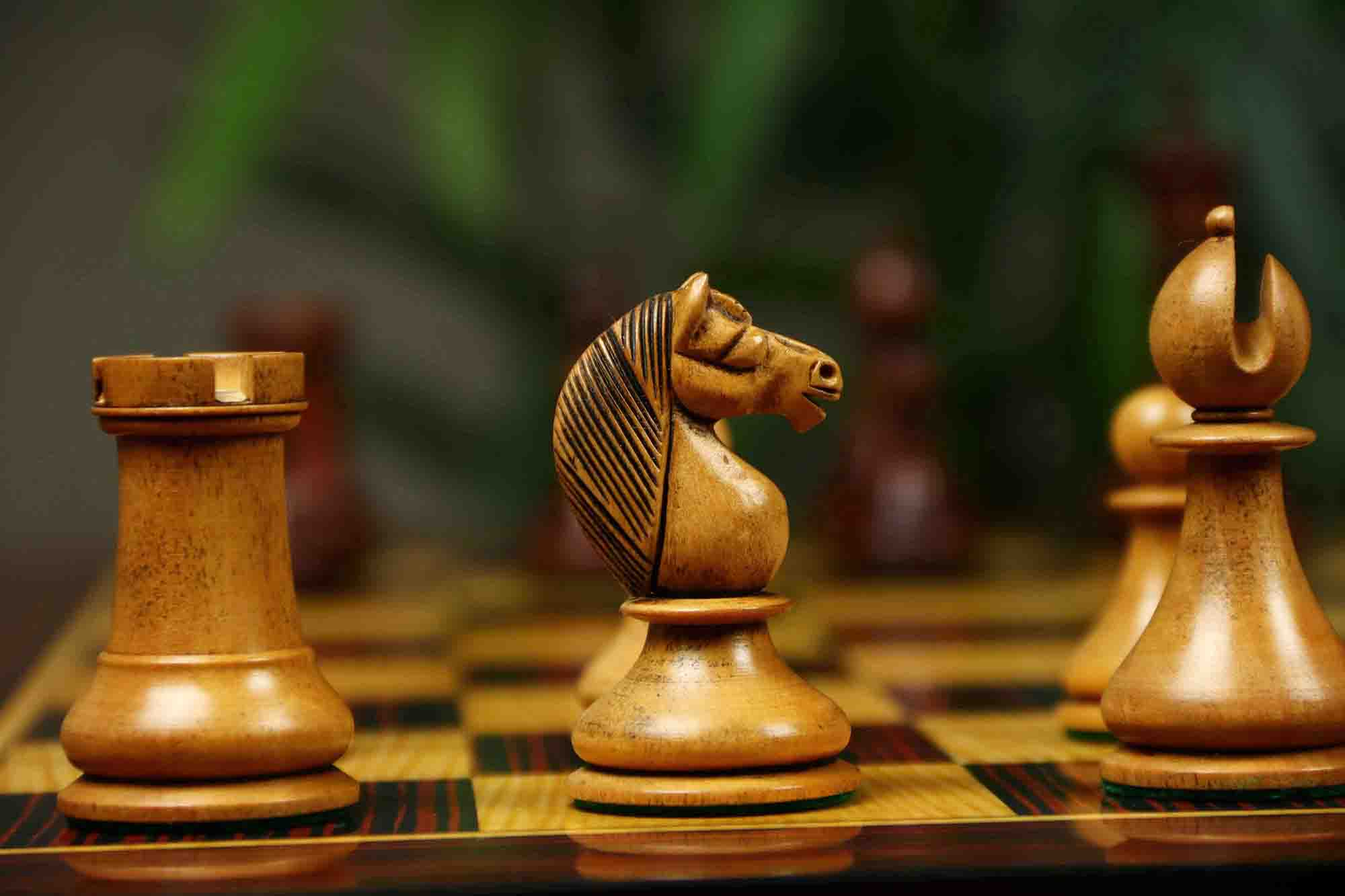 1830 Dublin Style Reproduced Historical Chess Set - 3.75" King Height in Distressed & Mahogany Stained Boxwood