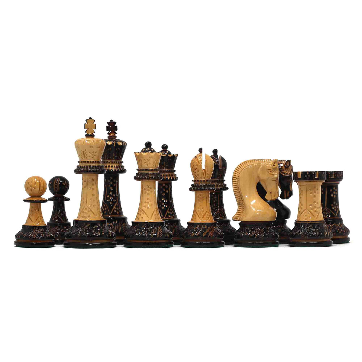 Leningrad Series 4" Luxury Staunton Chess Set in Lacquered Black Burnt Boxwood