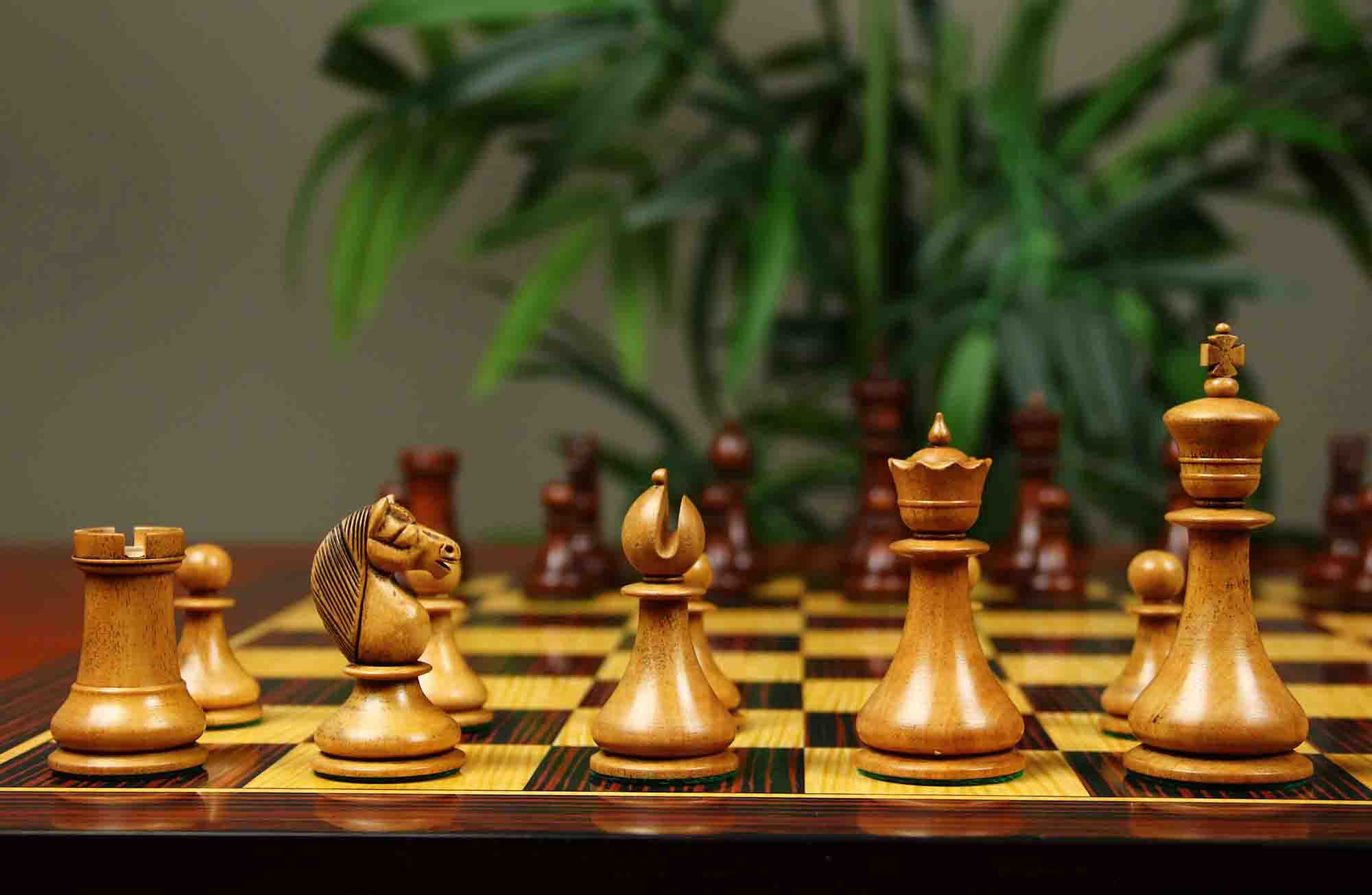 1830 Dublin Style Reproduced Historical Chess Set - 3.75" King Height in Distressed & Mahogany Stained Boxwood