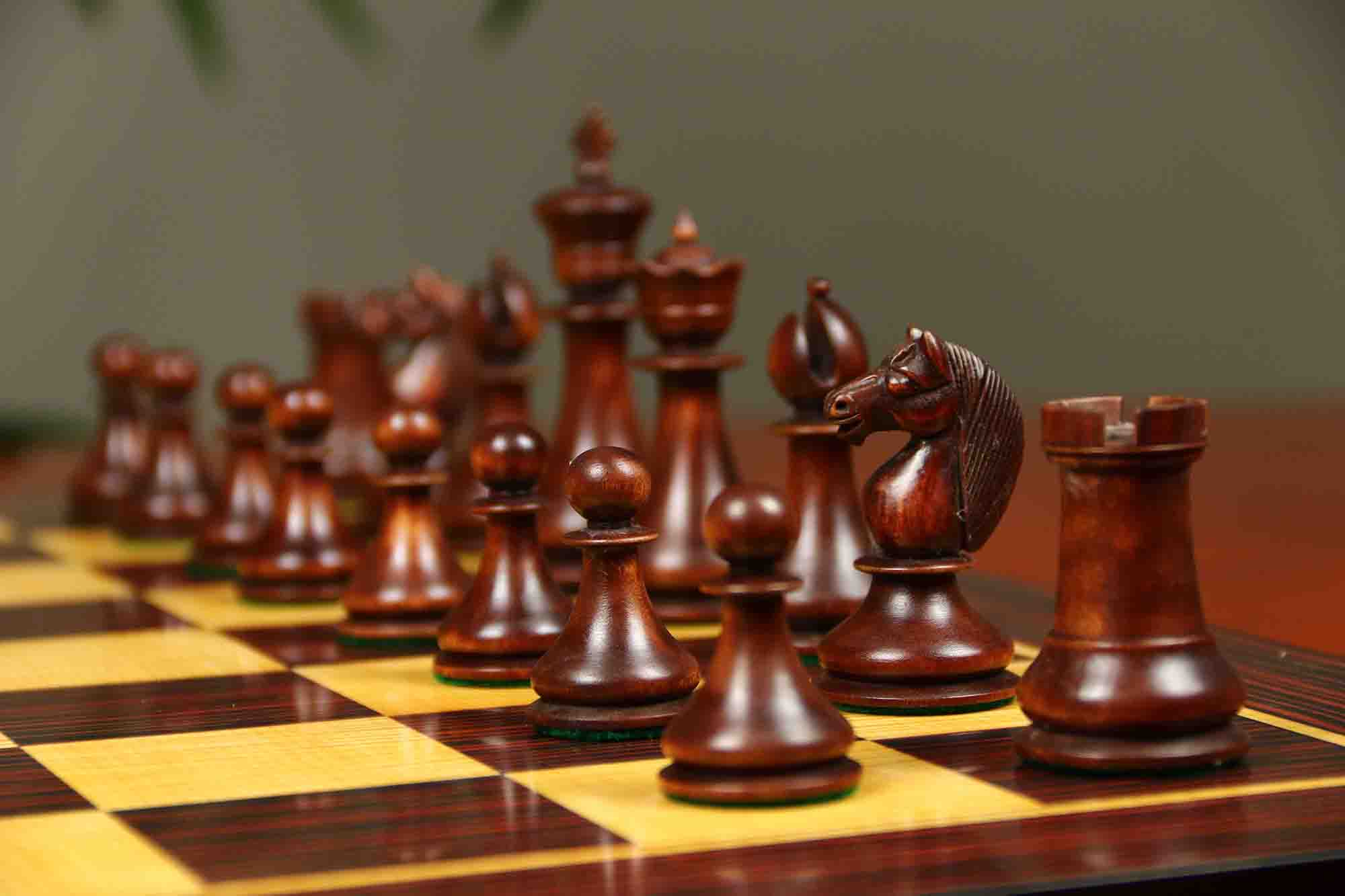 1830 Dublin Style Reproduced Historical Chess Set - 3.75" King Height in Distressed & Mahogany Stained Boxwood