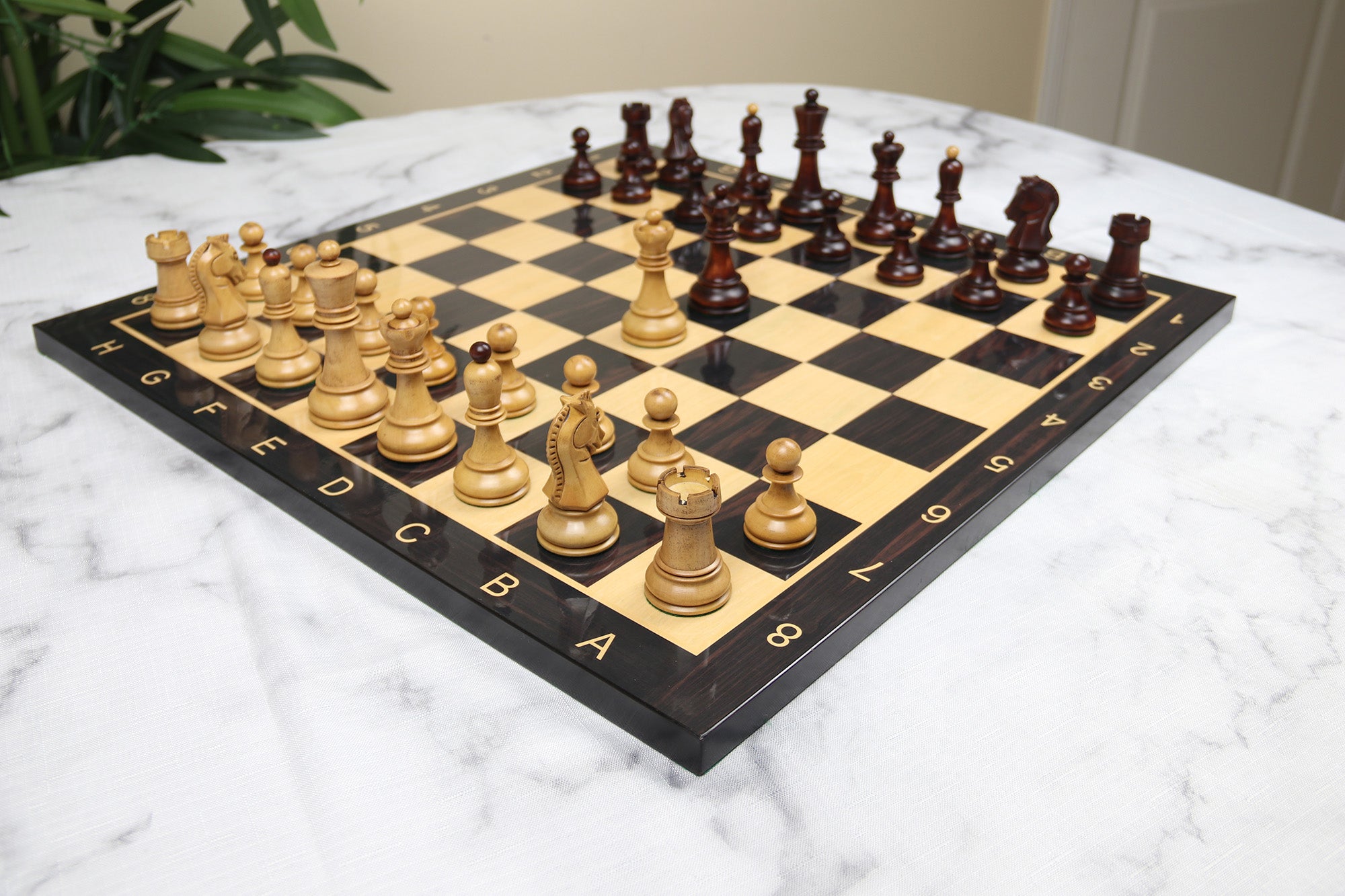 The Fischer Dubrovnik 1970 Upgraded Version Chess set in Distressed and Mahogany Stained Boxwood