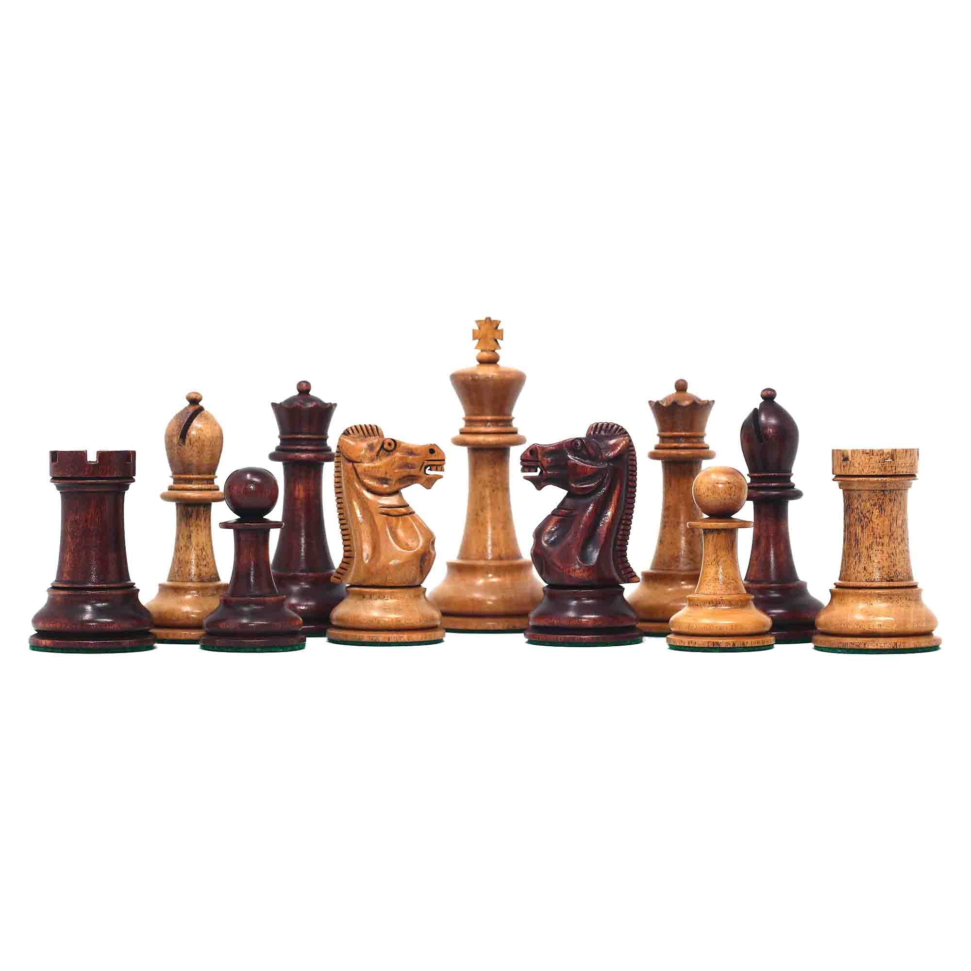 17th Olympiad Havana 1966 Circa Reproduction 3.78" Staunton Chessmen Distressed/Mahogany Stained Boxwood