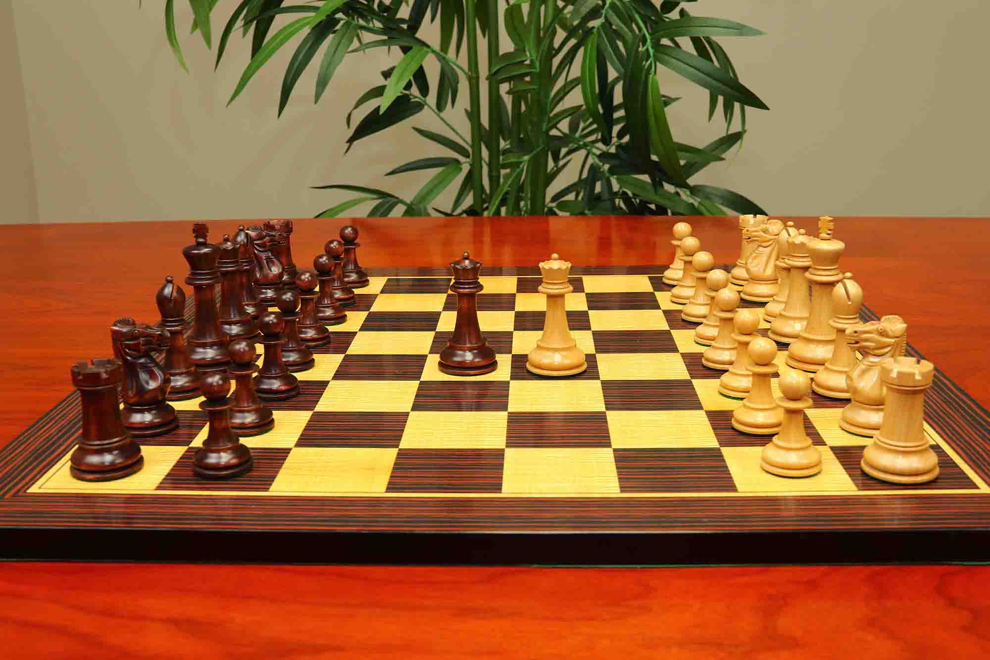 17th Olympiad Havana 1966 Circa Reproduction 3.78" Staunton Chessmen Natural/Mahogany Stained Boxwood