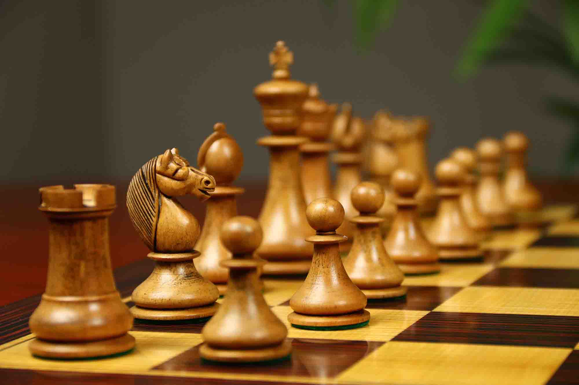 1830 Dublin Style Reproduced Historical Chess Set - 3.75" King Height in Distressed & Mahogany Stained Boxwood