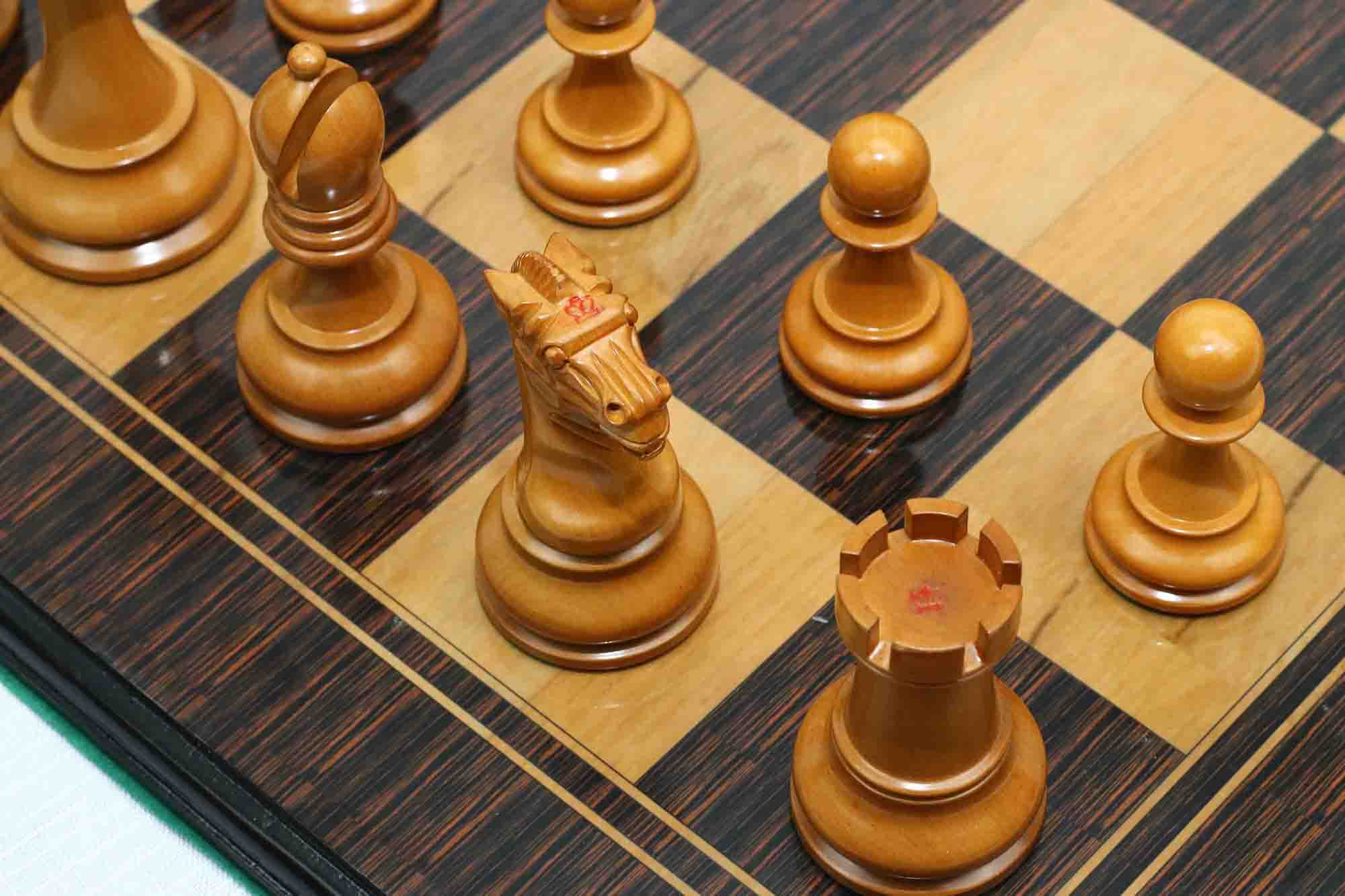 Reproduction BCC 1900-01 Edition Staunton Stroud Club Size 4.4" Antiqued Boxwood & Ebony Chessmen