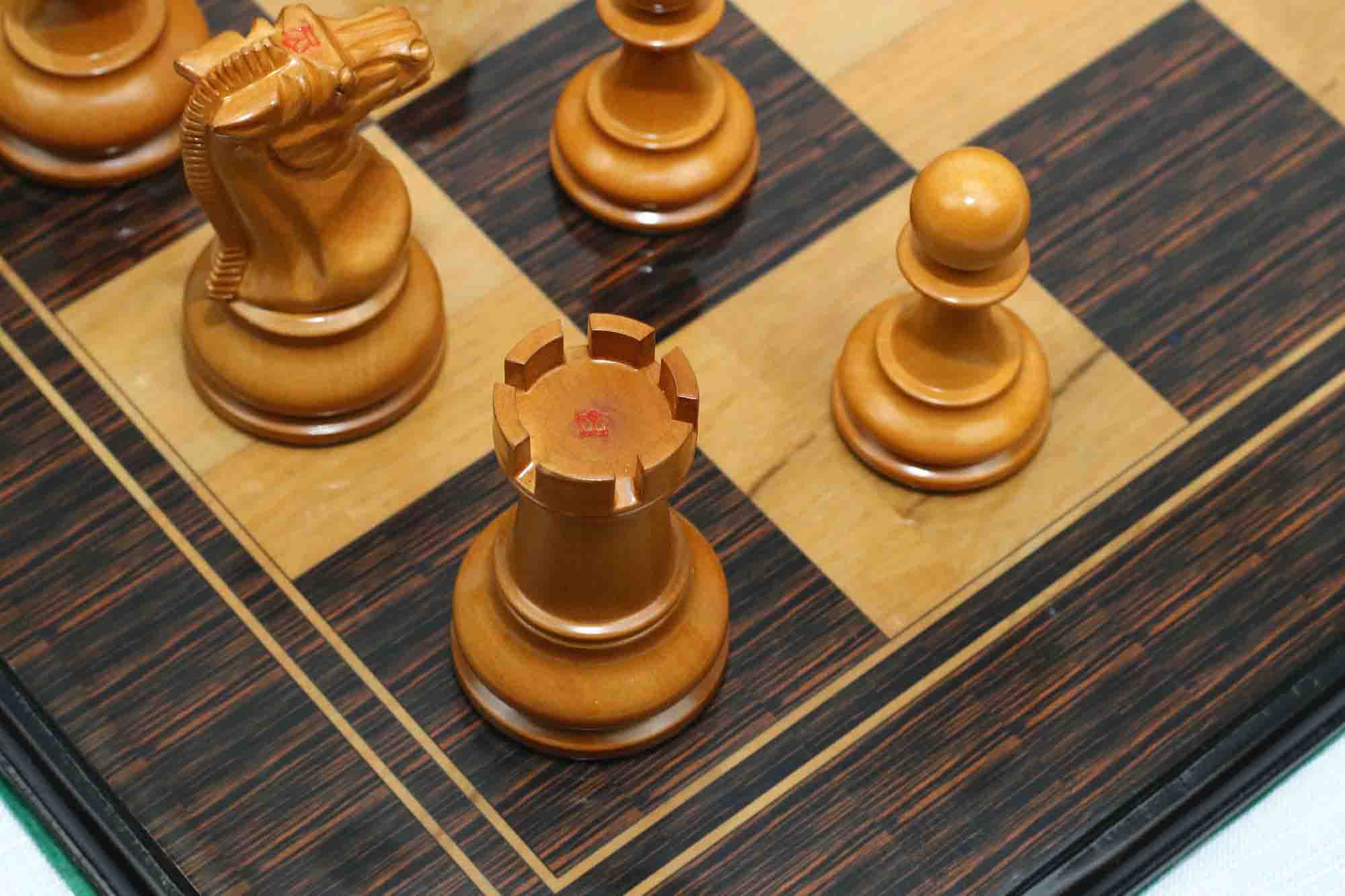 Reproduction BCC 1900-01 Edition Staunton Stroud Club Size 4.4" Antiqued Boxwood & Ebony Chessmen