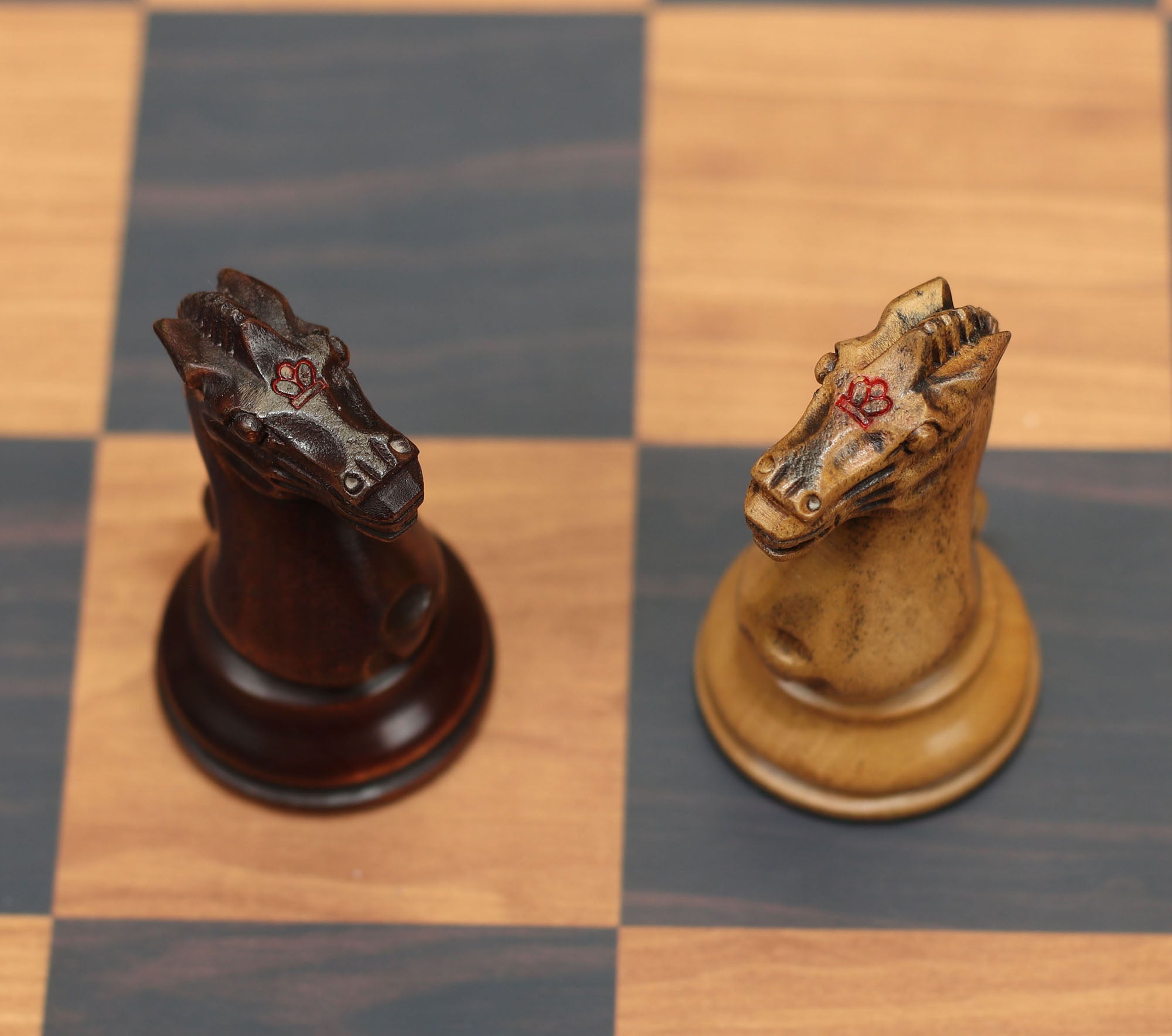 Walter Grimshaw 1854 Reproduced Staunton 3.5"  Distressed/Mahogany Stained Boxwood Chessmen