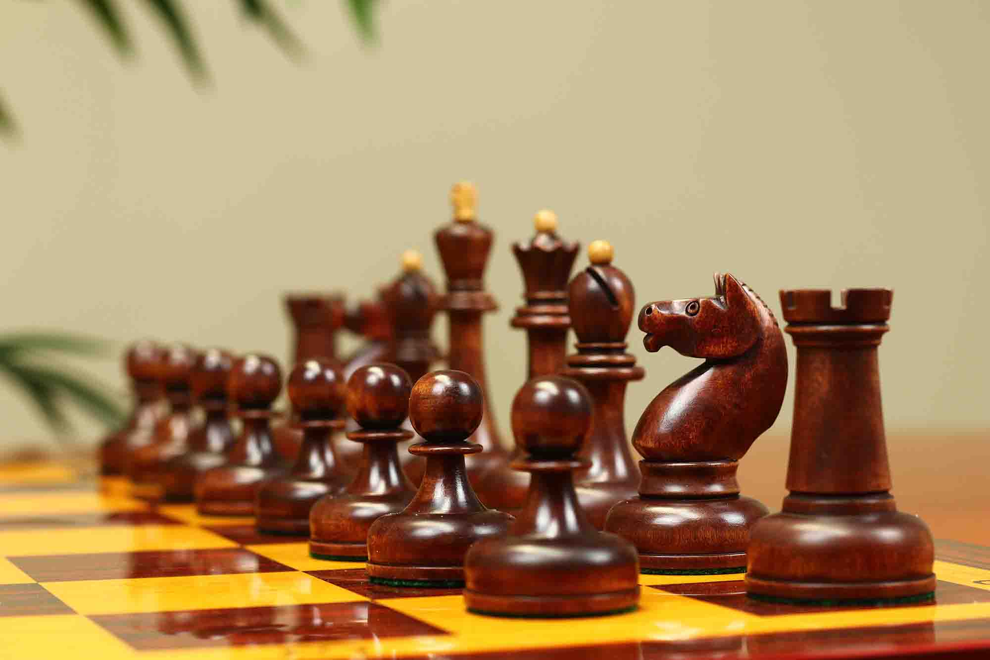 1962 Soviet Championship Historical Reproduced Tal Chess set 4" - Distressed and Mahogany Stained Boxwood