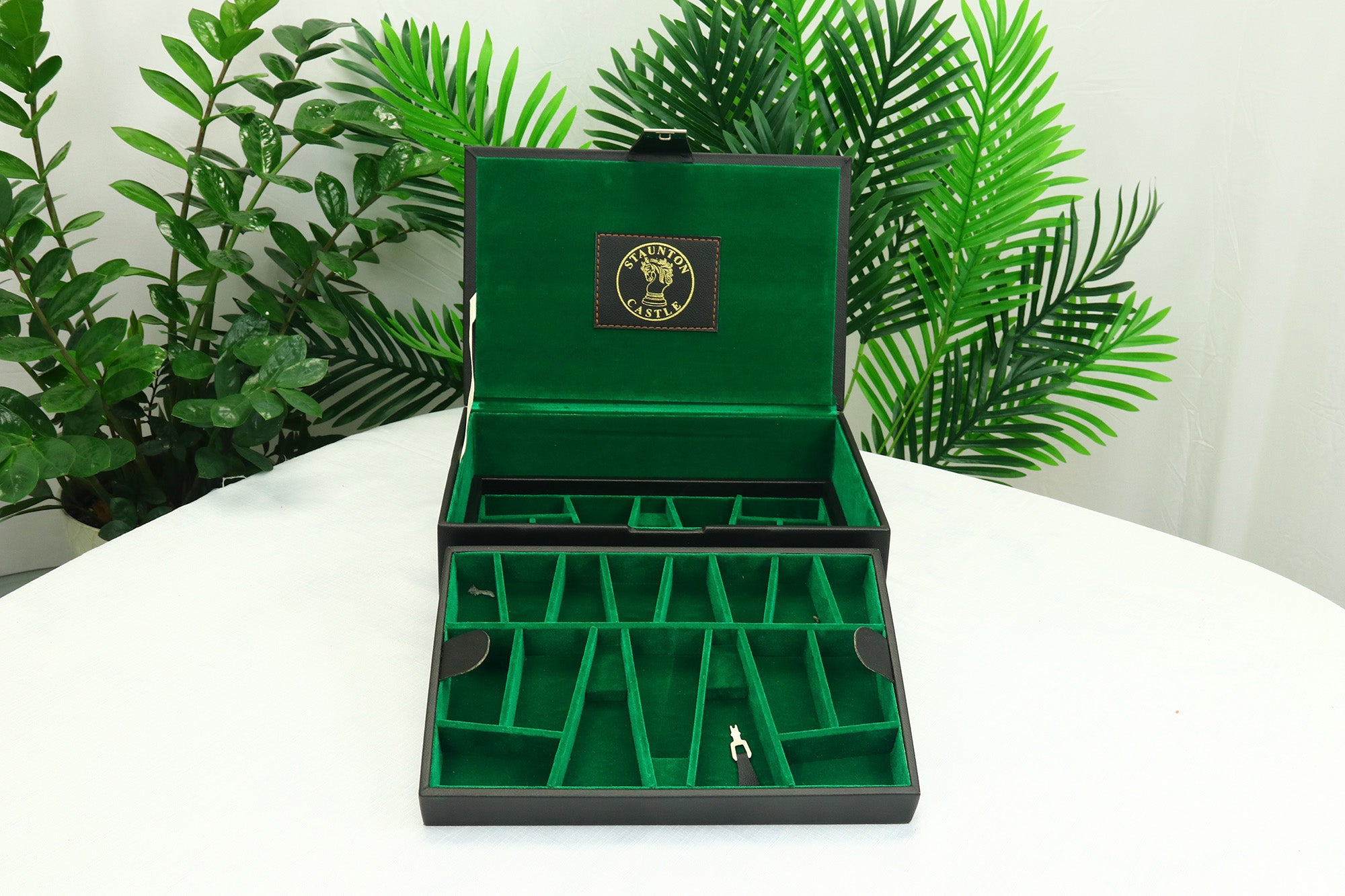 Leatherette Chess Presentation Coffer with straight compartments for 4.125" to 4.4" Chess Pieces