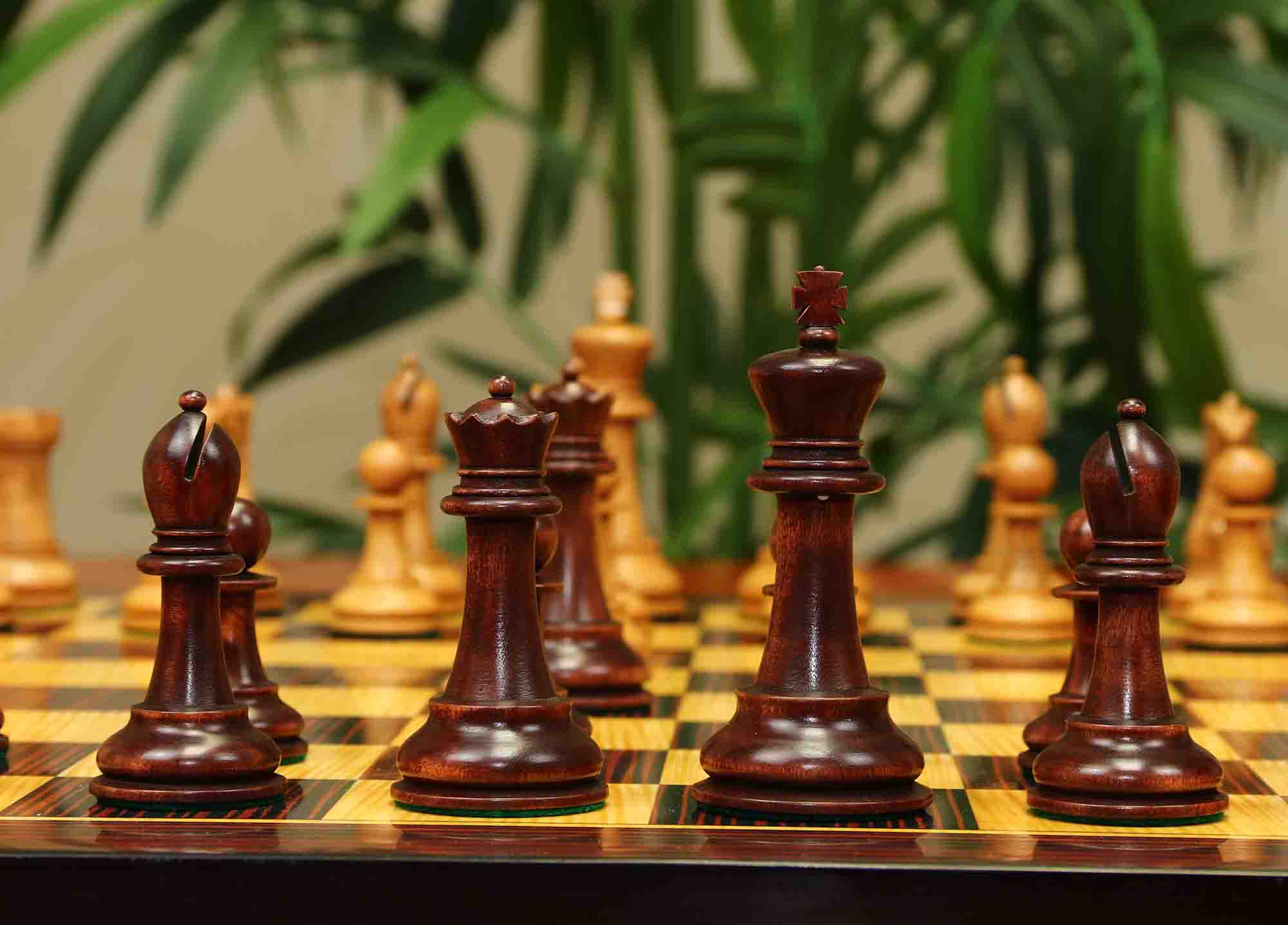 17th Olympiad Havana 1966 Circa Reproduction 3.78" Staunton Chessmen Distressed/Mahogany Stained Boxwood