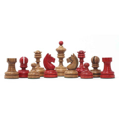 Reproduction Vintage 1930 German Knubbel 3.5" Chess Pieces in Distressed and Red Gilded Box wood