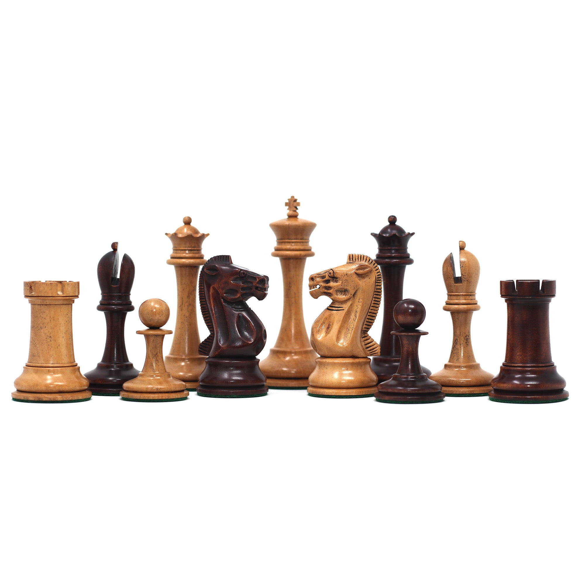 B & Company Reproduced Staunton 4.4" Chess Set in Distressed Boxwood and Mahogany