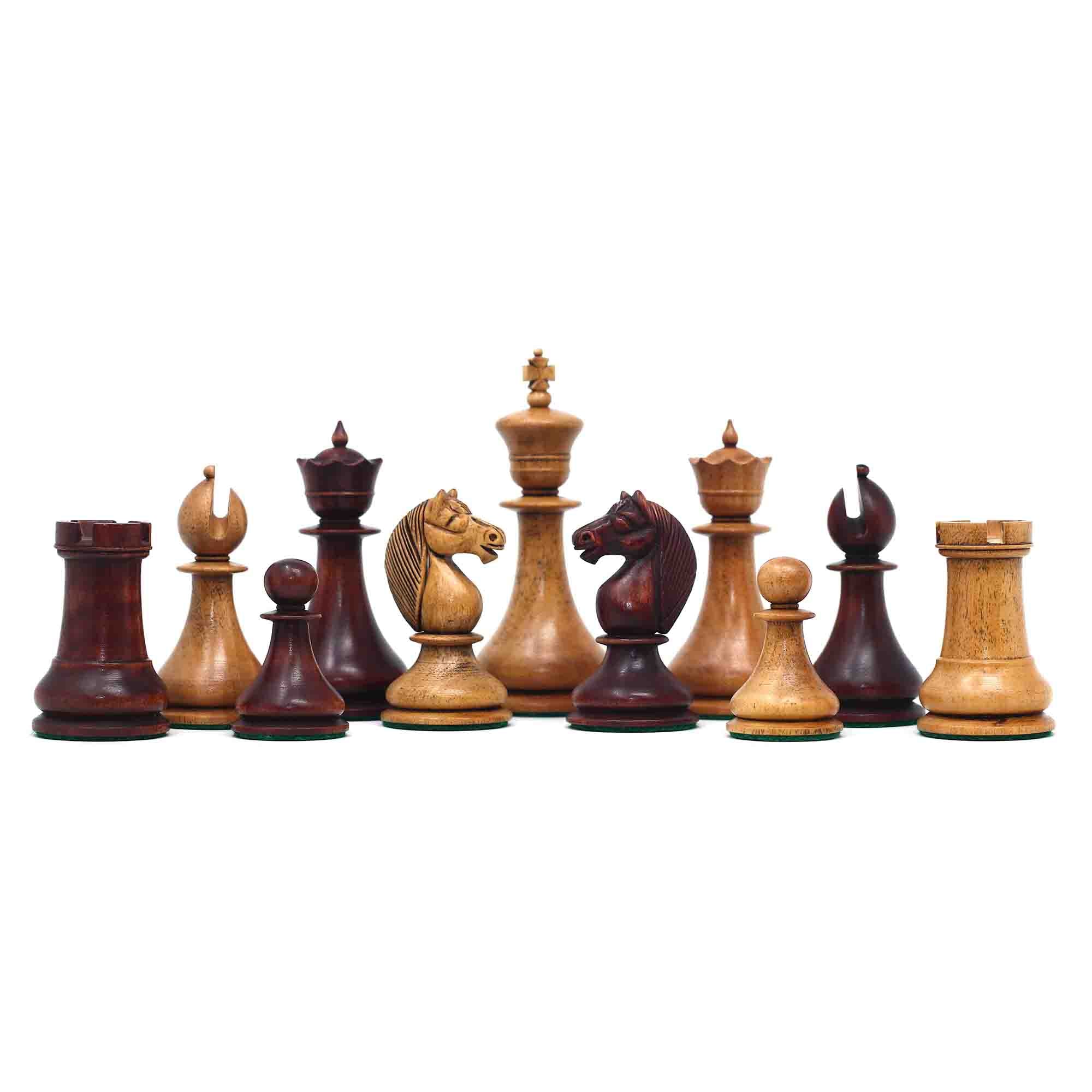 1830 Dublin Style Reproduced Historical Chess Set - 3.75" King Height in Distressed & Mahogany Stained Boxwood