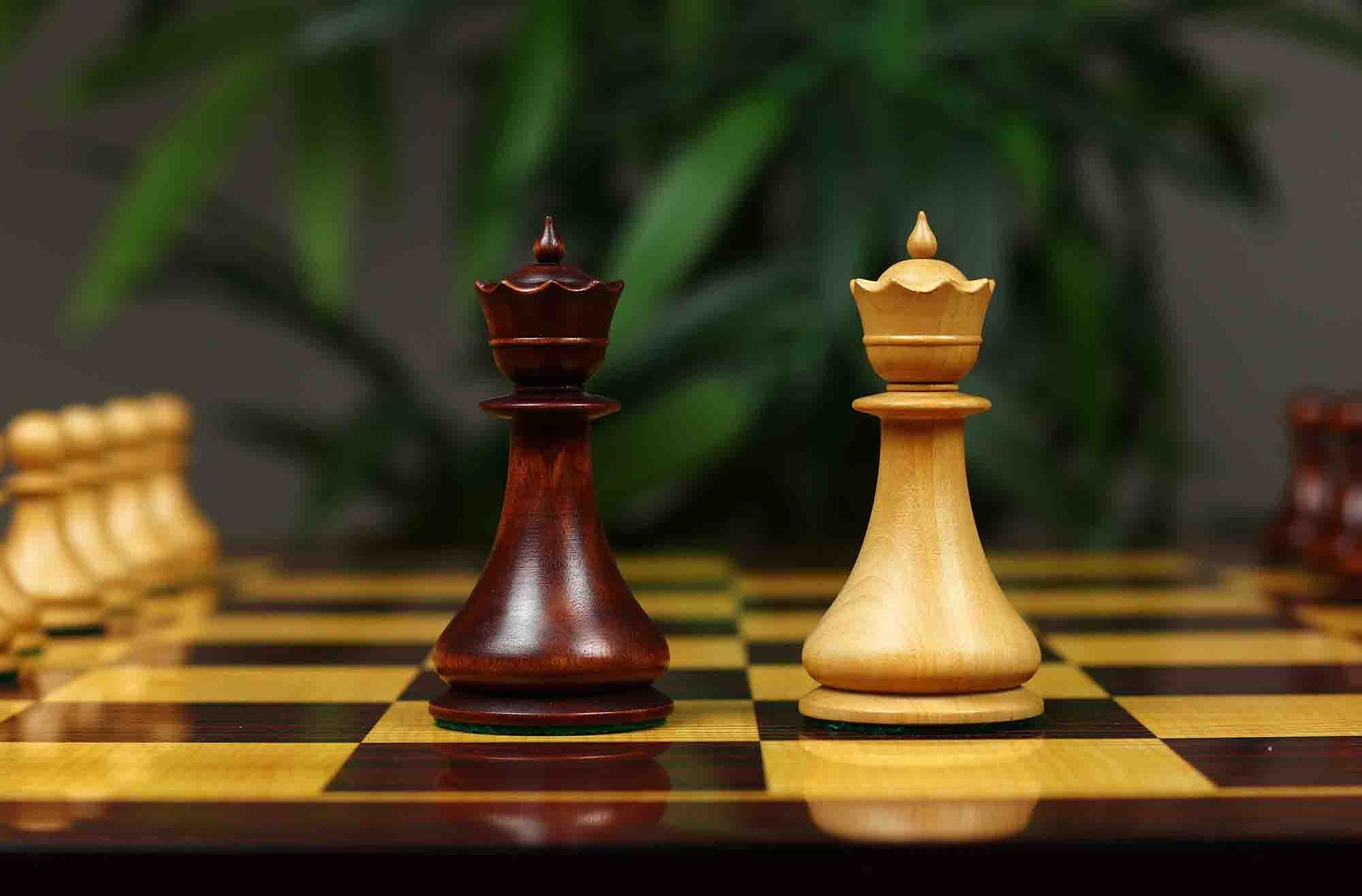 1830 Dublin Style Reproduced Historical Chess Set - 3.75" King Height in Natural & Mahogany Stained Boxwood