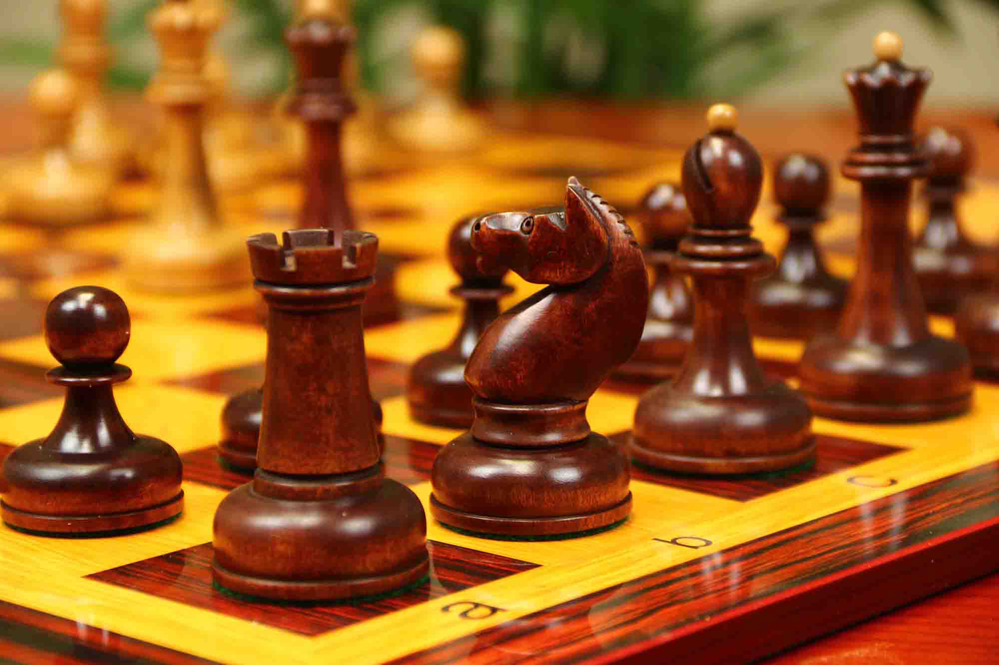 1962 Soviet Championship Historical Reproduced Tal Chess set 4" - Distressed and Mahogany Stained Boxwood