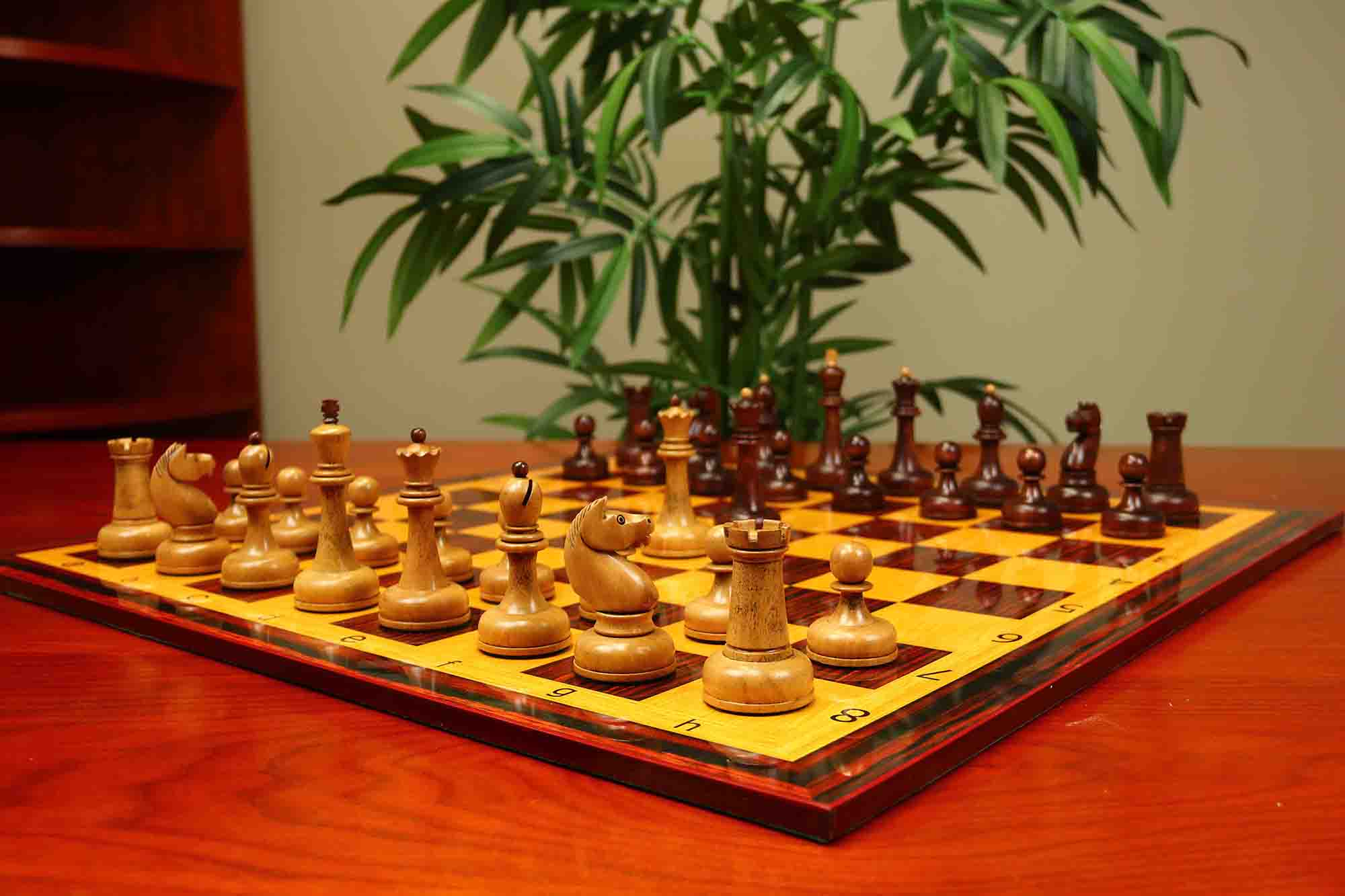 1962 Soviet Championship Historical Reproduced Tal Chess set 4" - Distressed and Mahogany Stained Boxwood