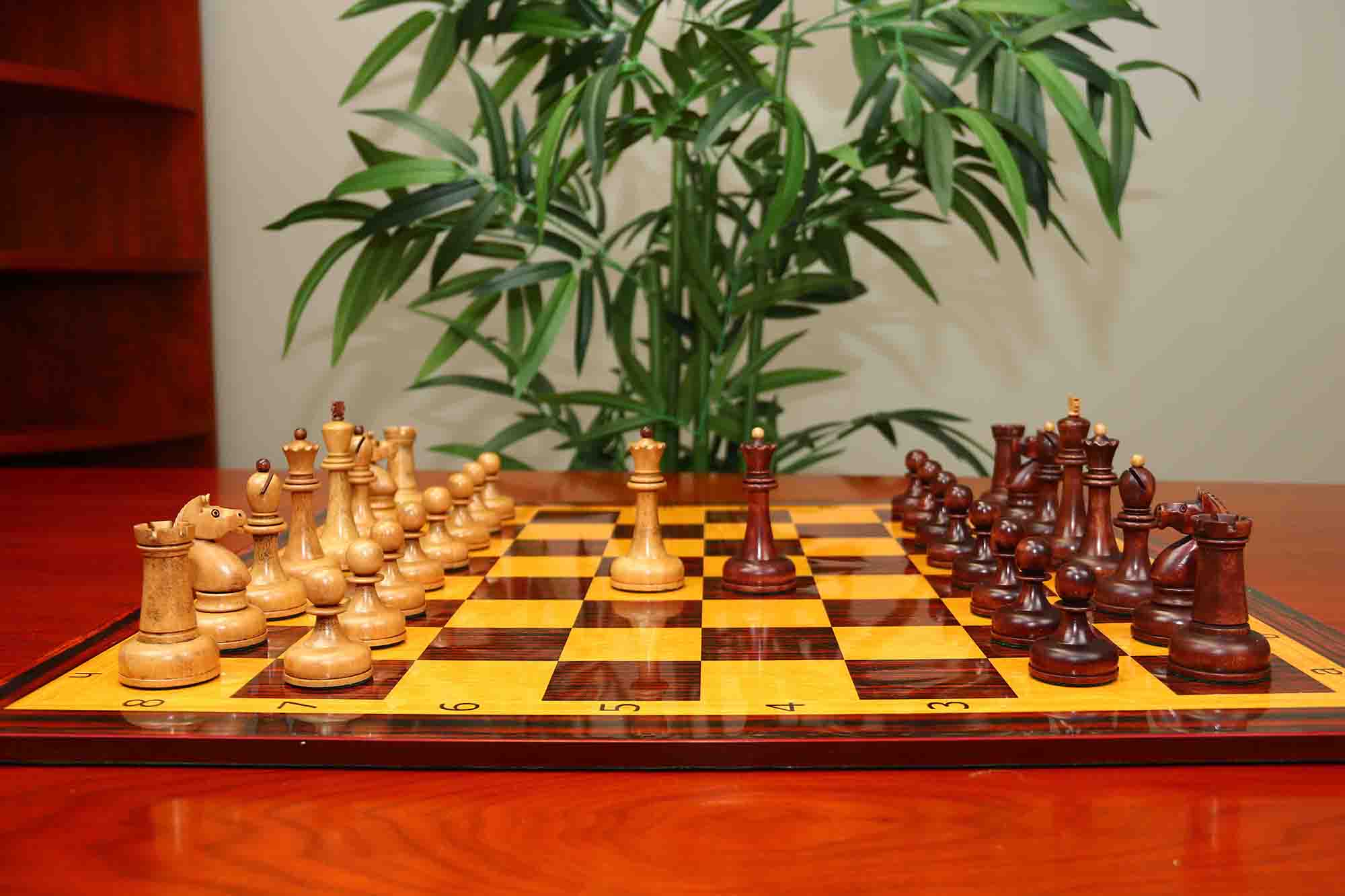 1962 Soviet Championship Historical Reproduced Tal Chess set 4" - Distressed and Mahogany Stained Boxwood