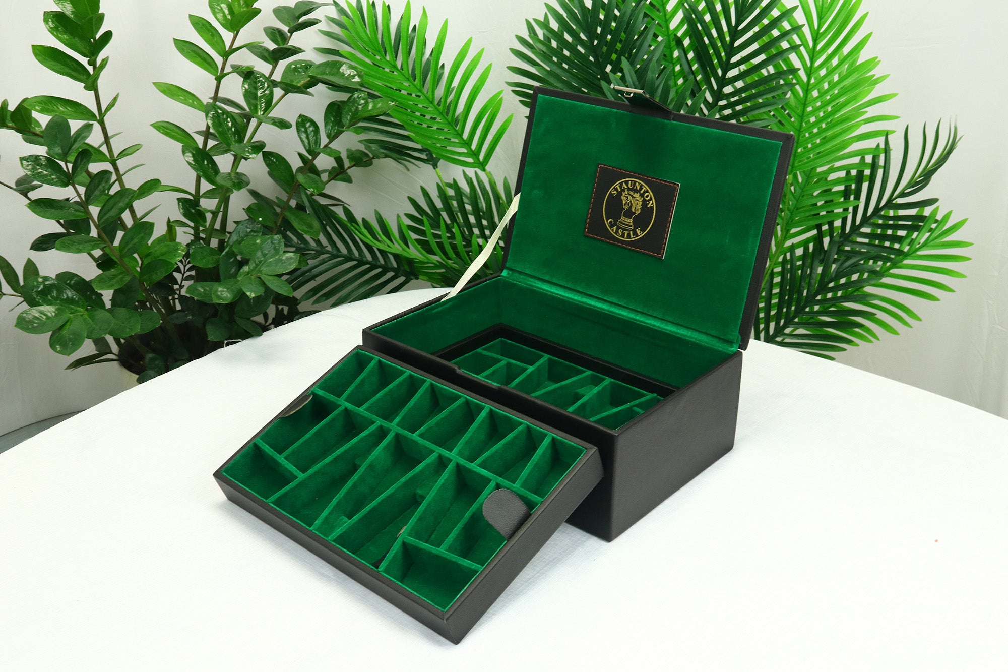Leatherette Chess Presentation Coffer with straight compartments for 4.125" to 4.4" Chess Pieces
