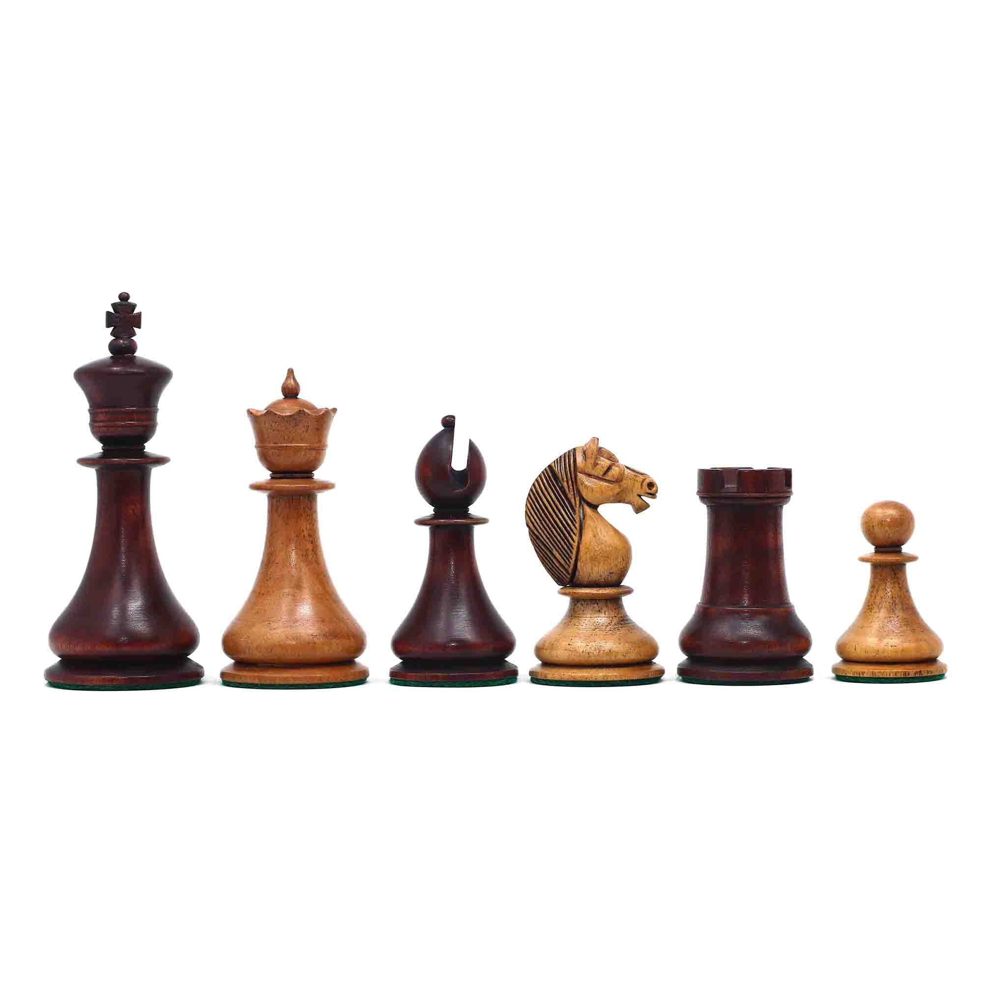 1830 Dublin Style Reproduced Historical Chess Set - 3.75" King Height in Distressed & Mahogany Stained Boxwood