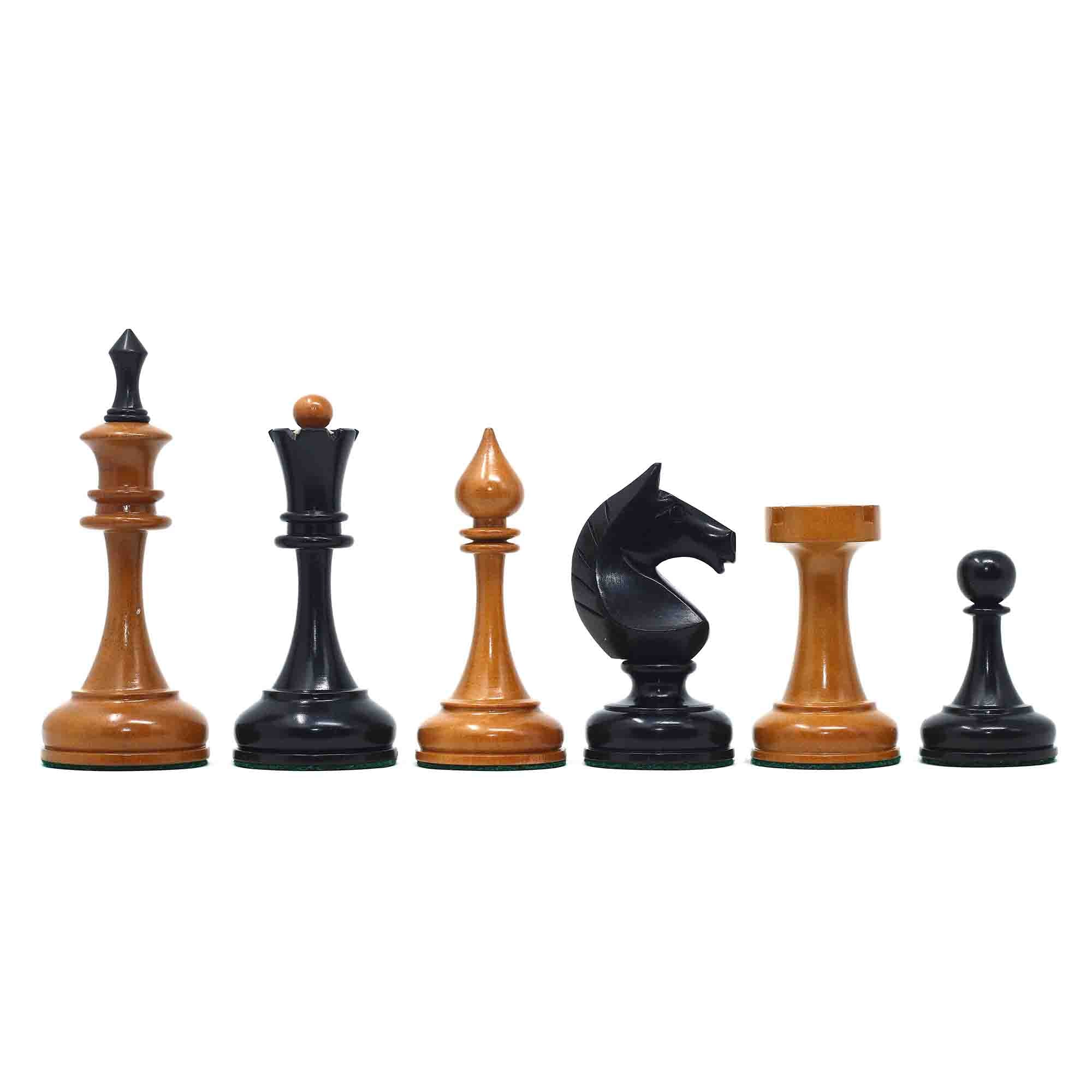 Soviet USSR 1970 Reproduced 4" Chess set in Ebony and Antiqued Boxwood