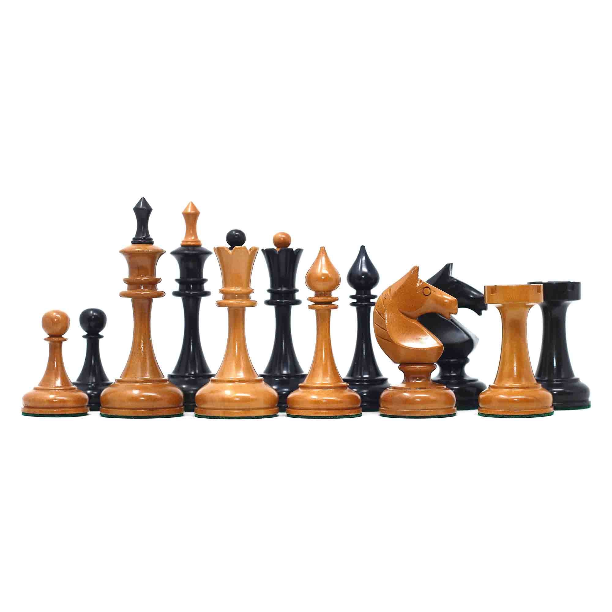 Soviet USSR 1970 Reproduced 4" Chess set in Ebony and Antiqued Boxwood