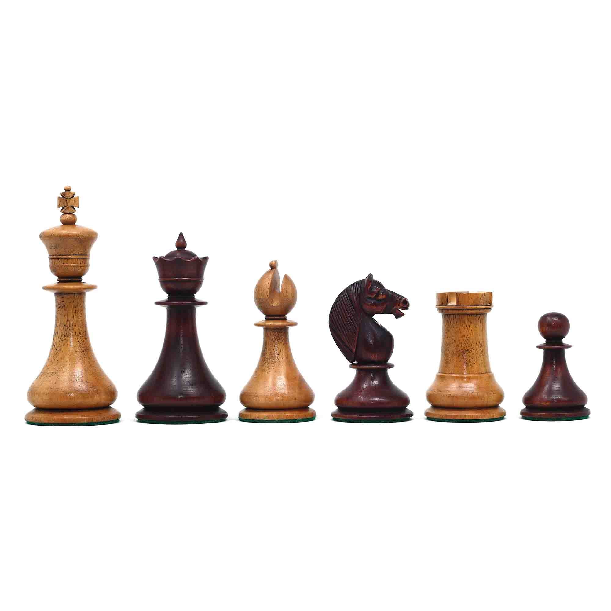 1830 Dublin Style Reproduced Historical Chess Set - 3.75" King Height in Distressed & Mahogany Stained Boxwood