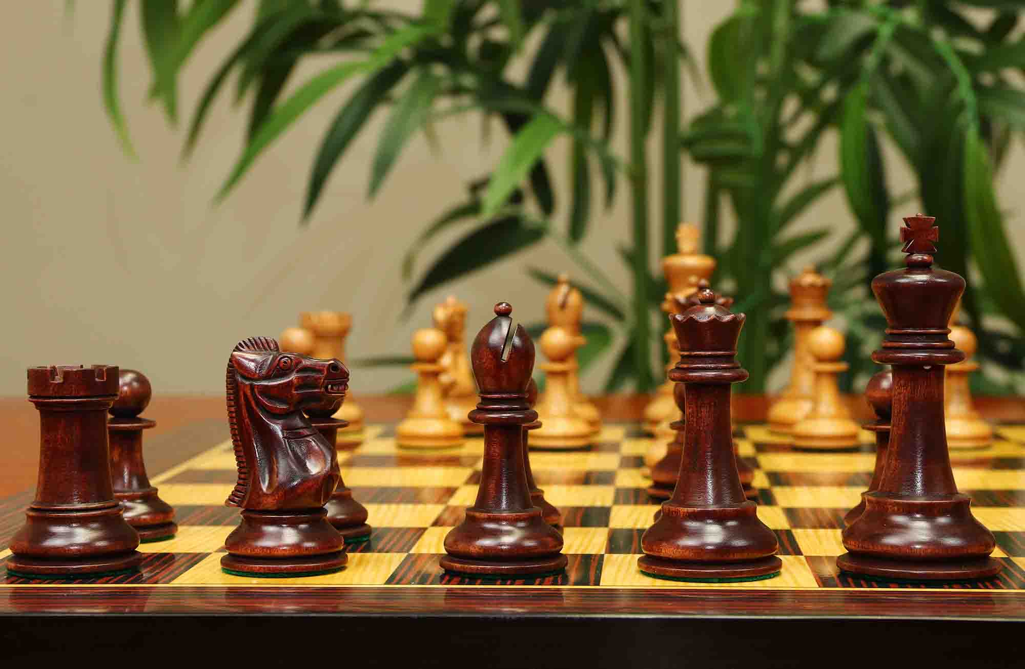 17th Olympiad Havana 1966 Circa Reproduction 3.78" Staunton Chessmen Distressed/Mahogany Stained Boxwood