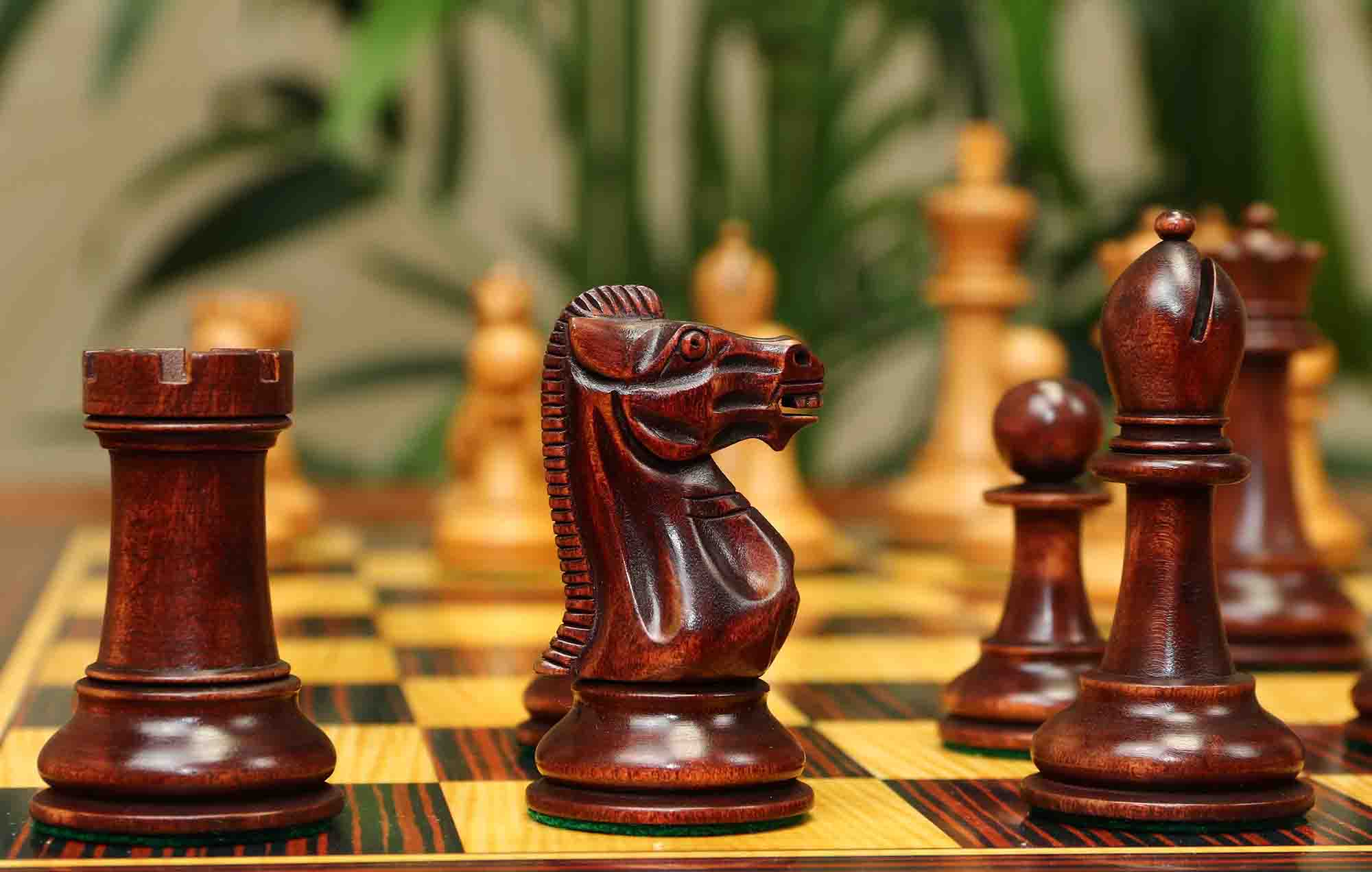 17th Olympiad Havana 1966 Circa Reproduction 3.78" Staunton Chessmen Distressed/Mahogany Stained Boxwood