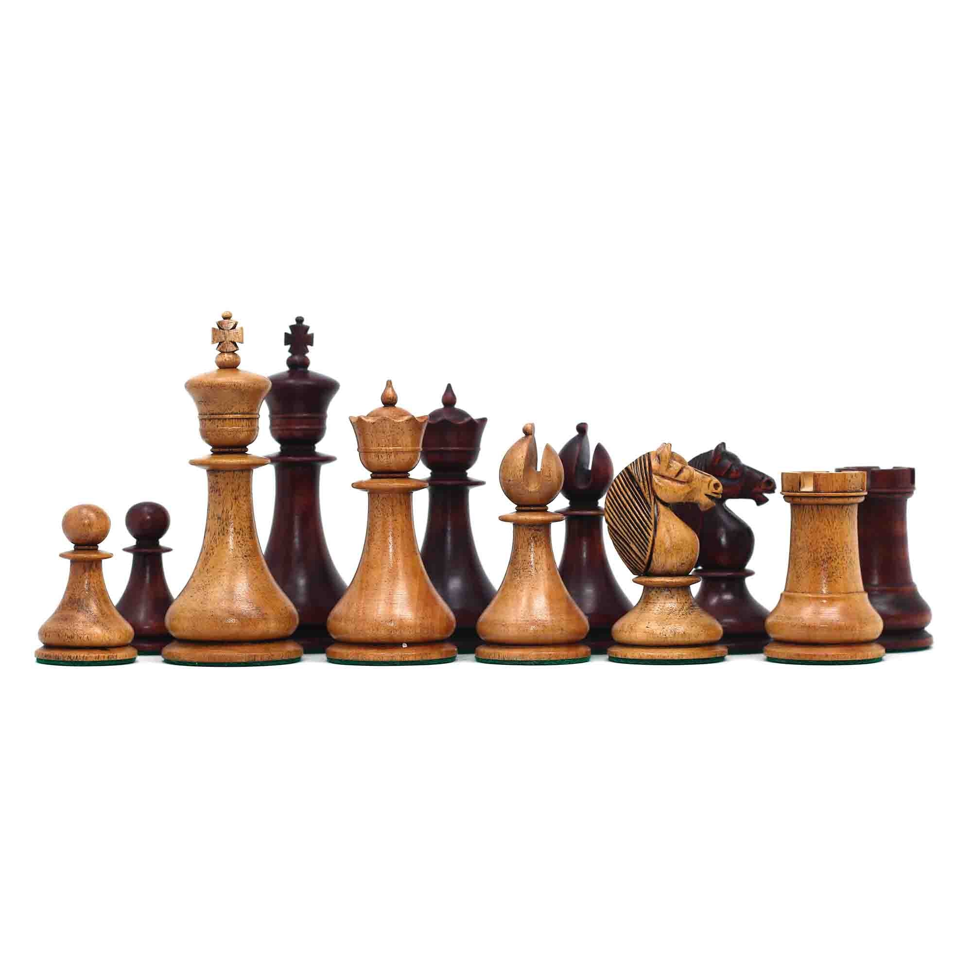 1830 Dublin Style Reproduced Historical Chess Set - 3.75" King Height in Distressed & Mahogany Stained Boxwood