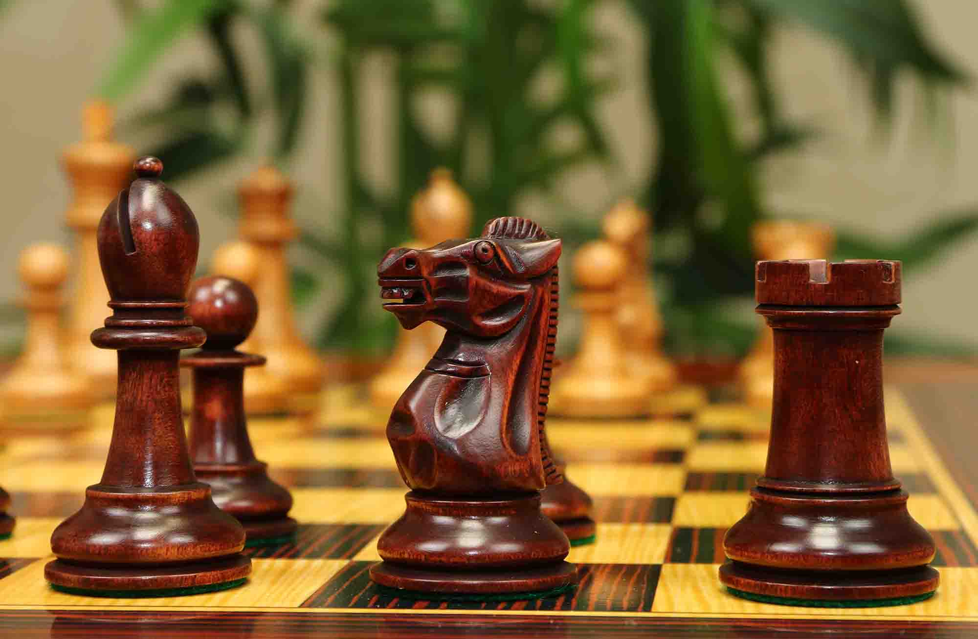 17th Olympiad Havana 1966 Circa Reproduction 3.78" Staunton Chessmen Distressed/Mahogany Stained Boxwood