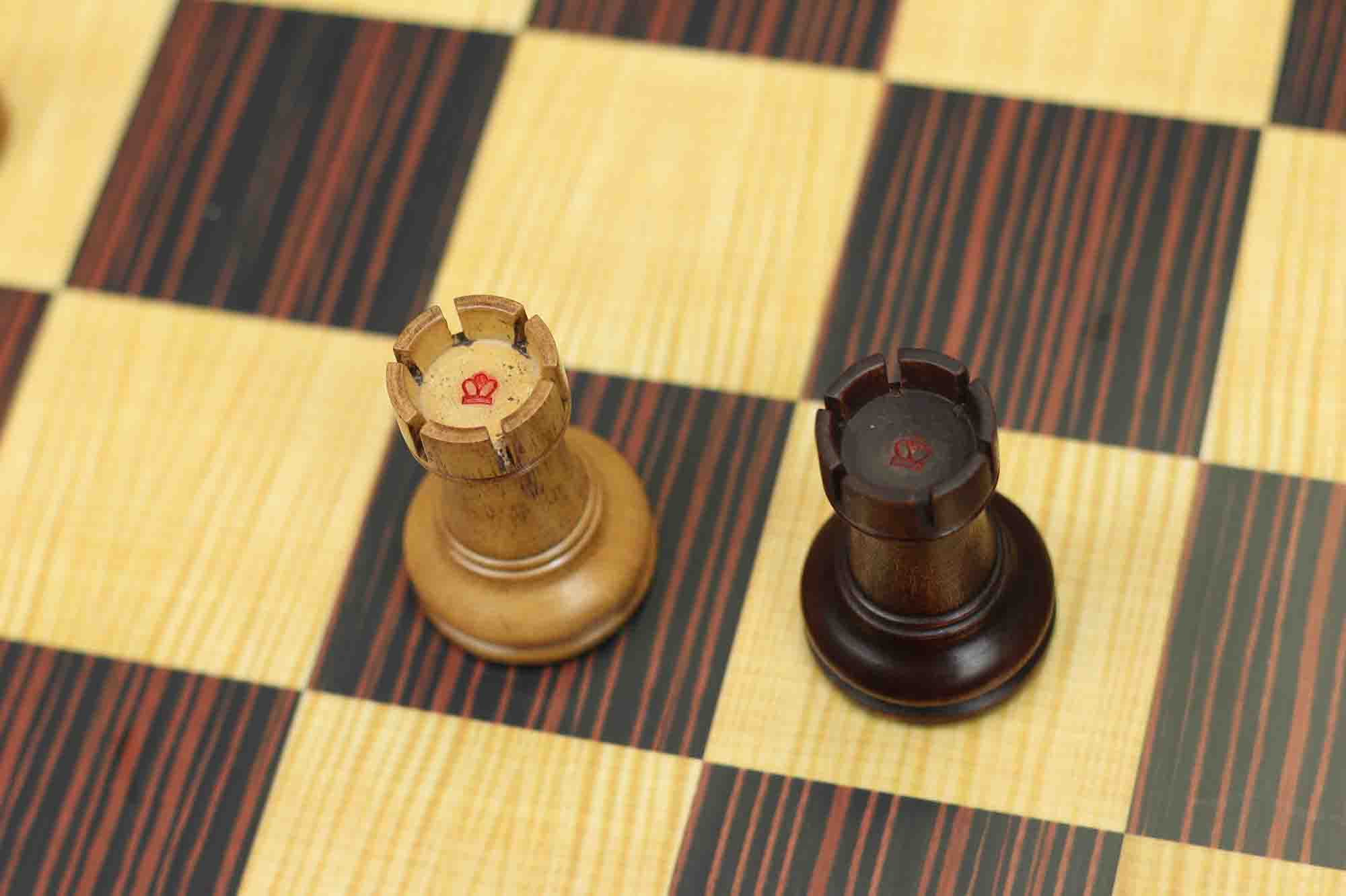 Fischer-Spassky / 1972 World Championship 3.75" Distressed Boxwood/Mahogany Stained Chessmen