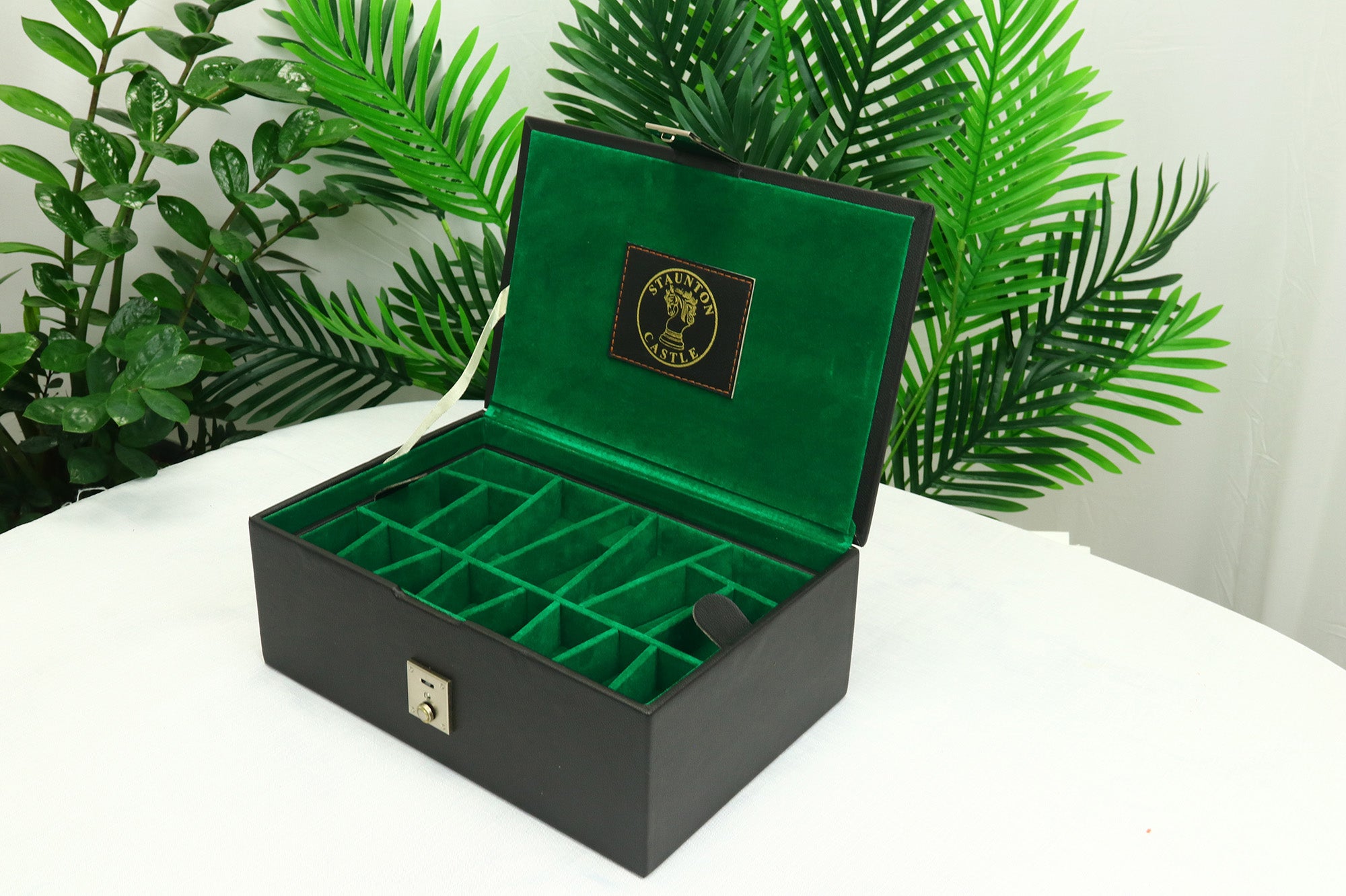 Leatherette Chess Presentation Coffer with straight compartments for 4.125" to 4.4" Chess Pieces