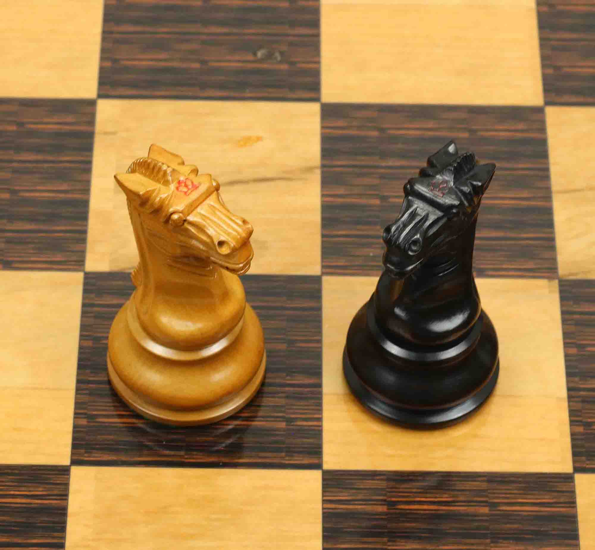 Reproduction BCC 1900-01 Edition Staunton Stroud Club Size 4.4" Antiqued Boxwood & Ebony Chessmen