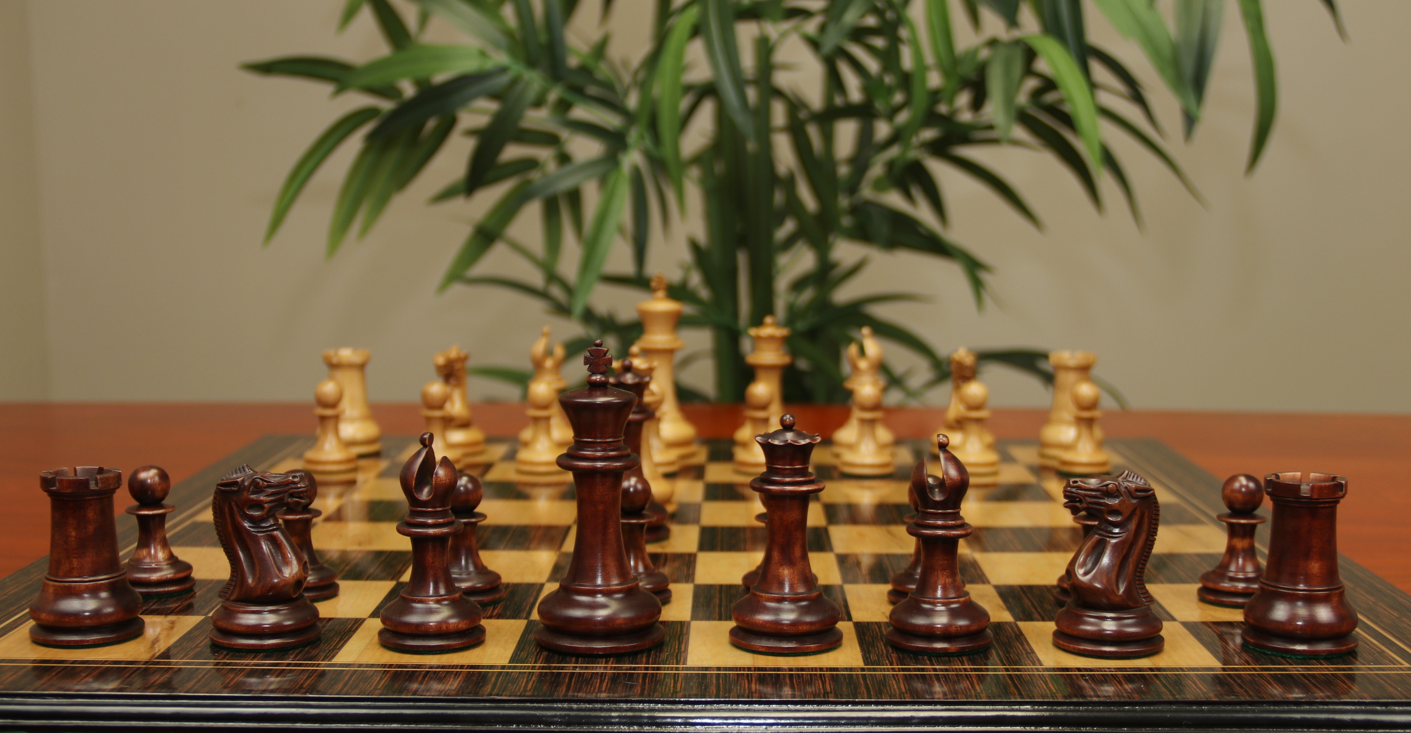 1850-55 Reproduced Staunton 4.4" Mahogany Stained / Antiqued Boxwood Chess Pieces